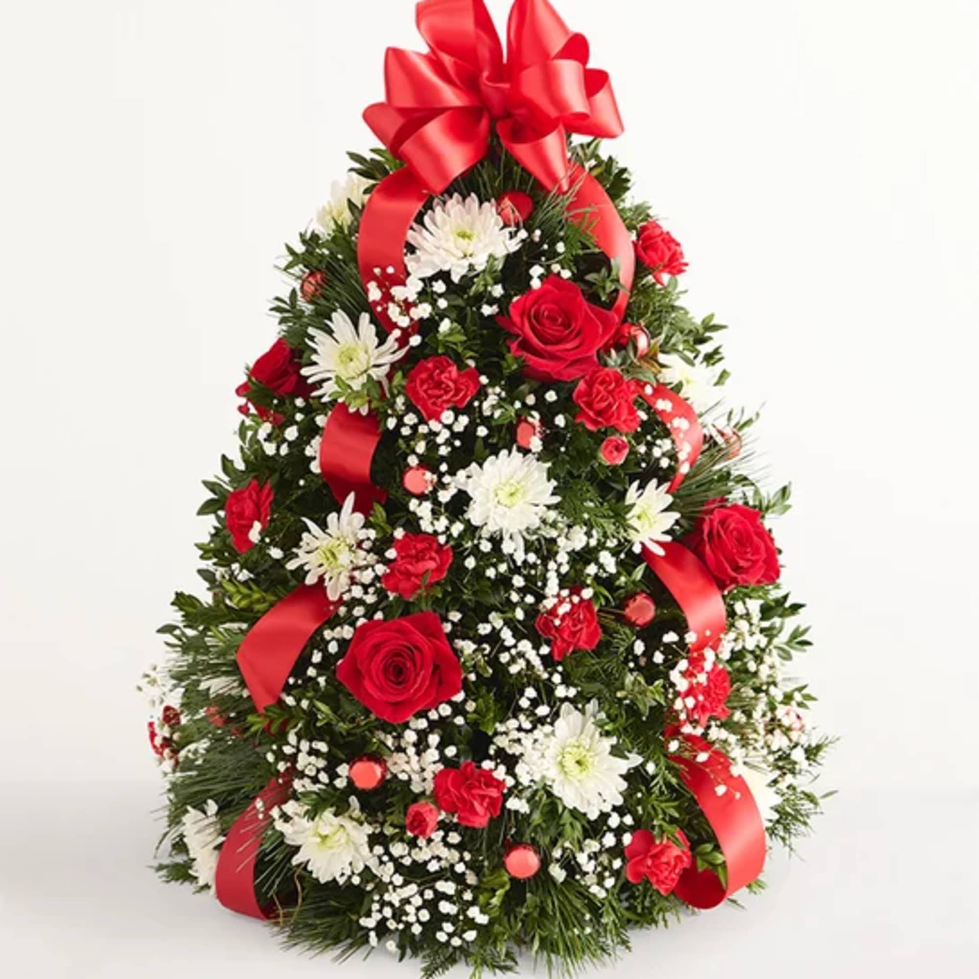 Christmas tree-shaped floral arrangement with red roses and white daisies