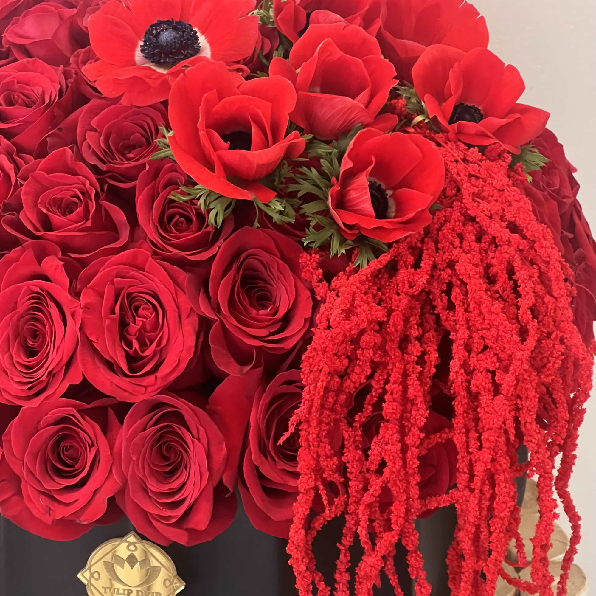 Red roses and red anemones in a black box with cascading red amaranthus