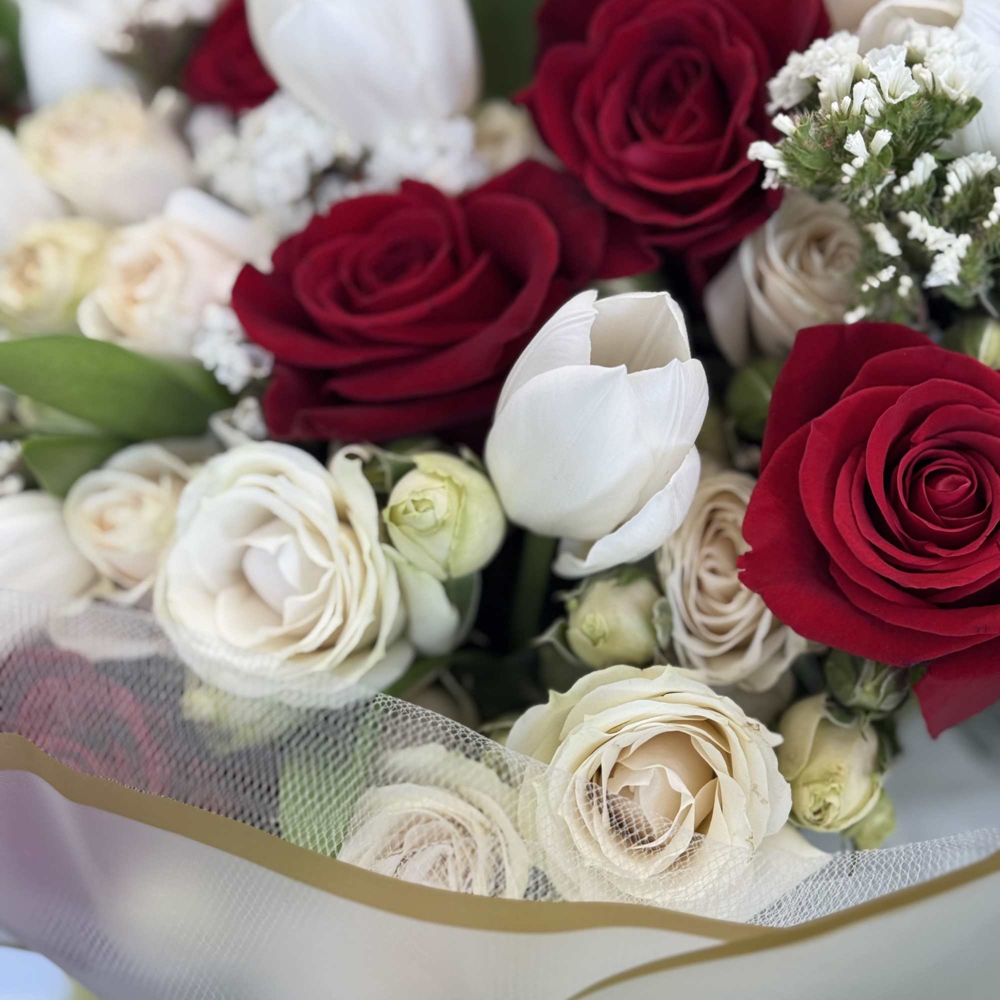 Bouquet of red and white roses with white tulips