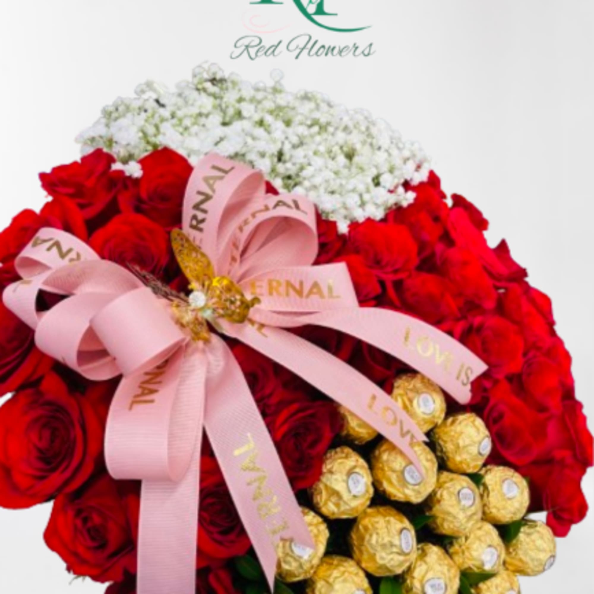 Red rose bouquet with baby’s breath, pink ribbon, and gold-wrapped chocolates