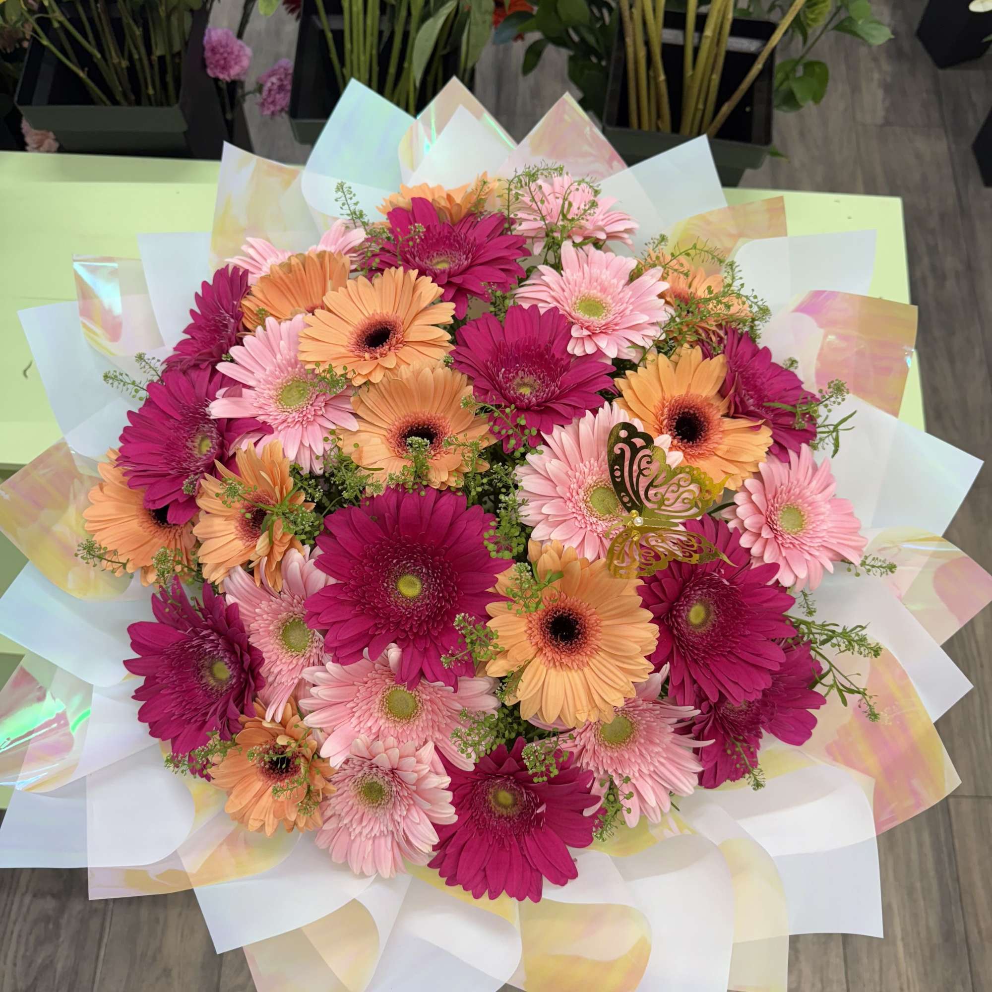 Bouquet of pink and orange gerbera daisies wrapped in iridescent paper