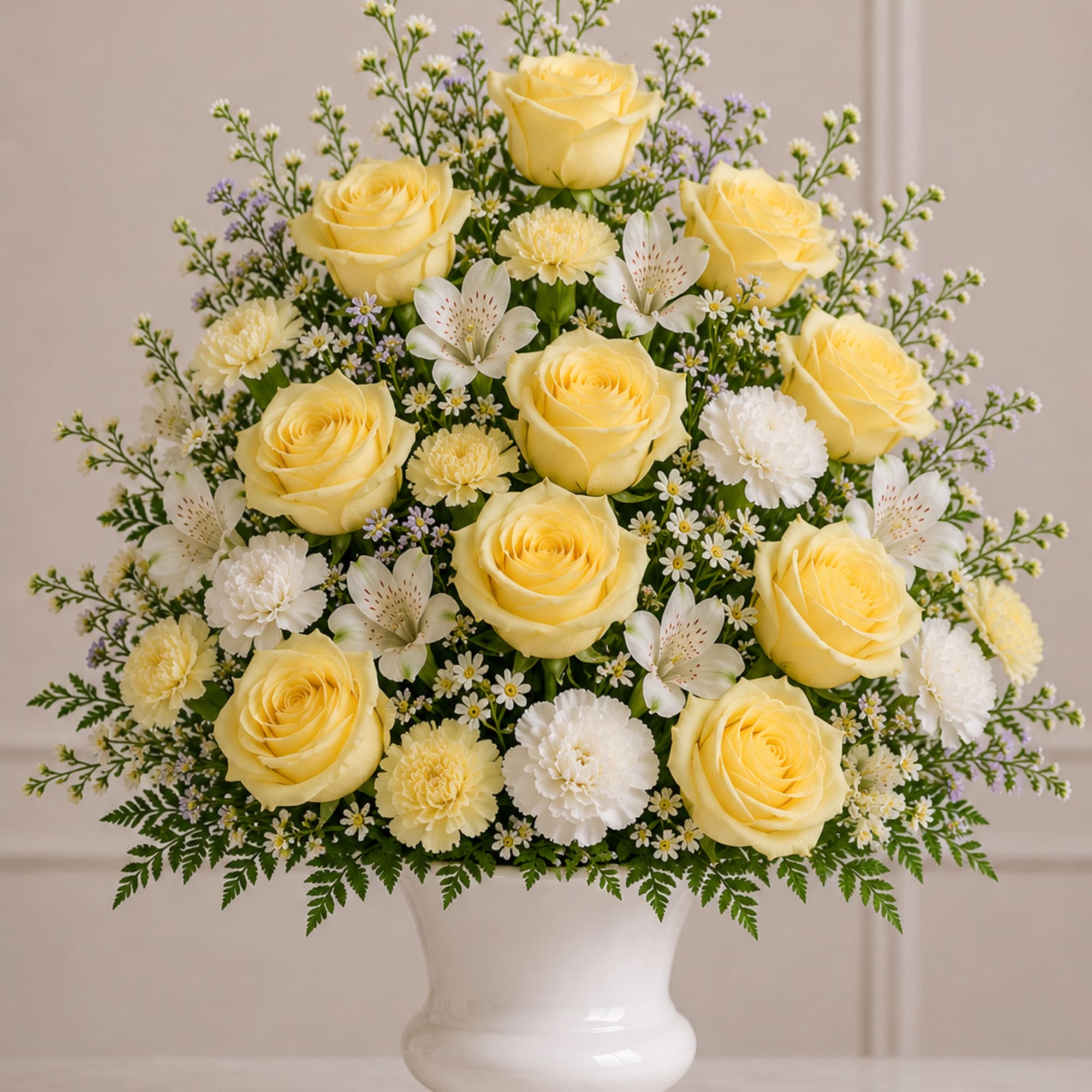 This is a delicate one sided, fan type arrangement, lovingly crafted in