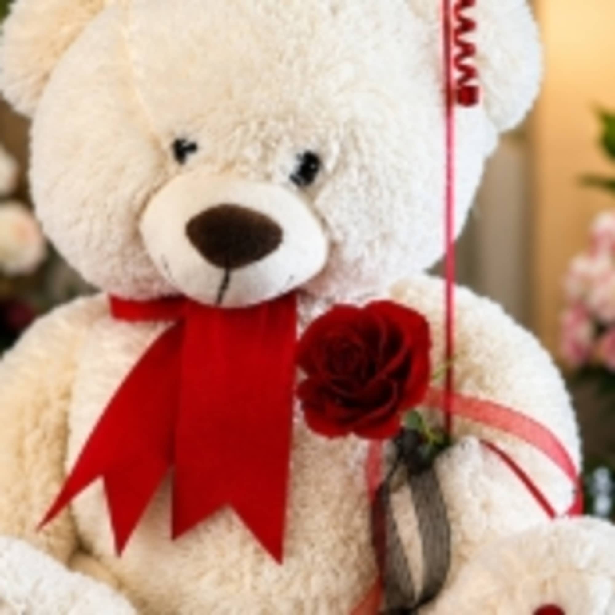 White teddy bear with a red ribbon and a red rose