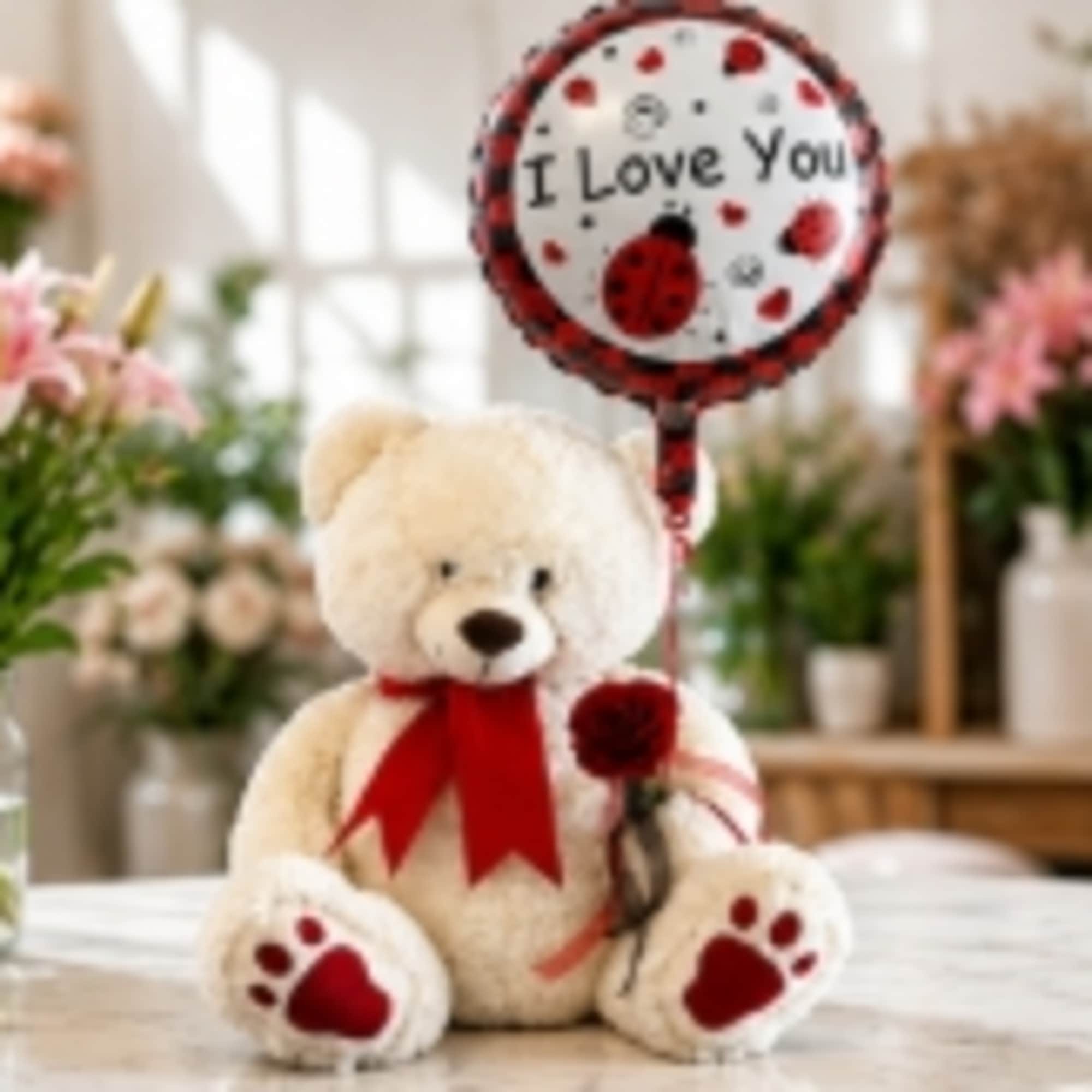 Teddy bear with a red ribbon holding an "I Love You" balloon