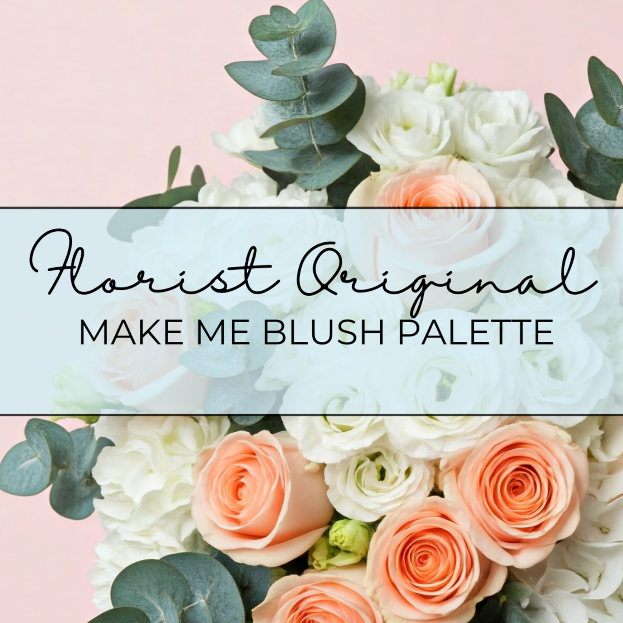 Blush and white roses with eucalyptus on a pink background