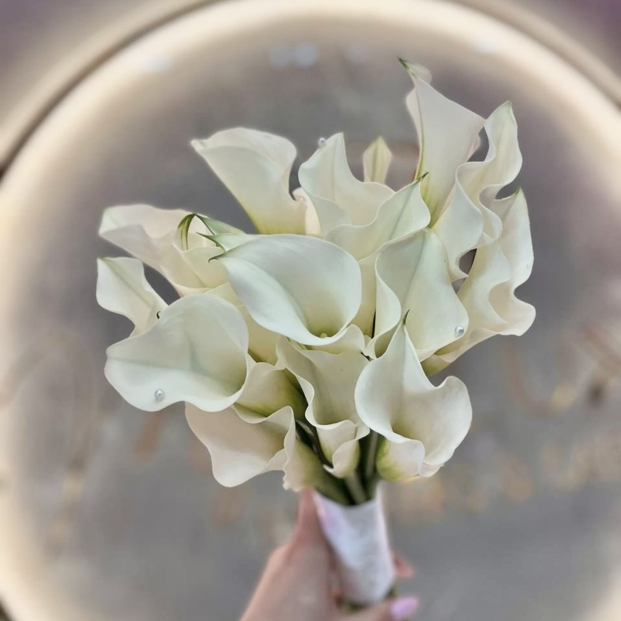 Bouquet of white calla lilies held in one hand, photo 4 of 4