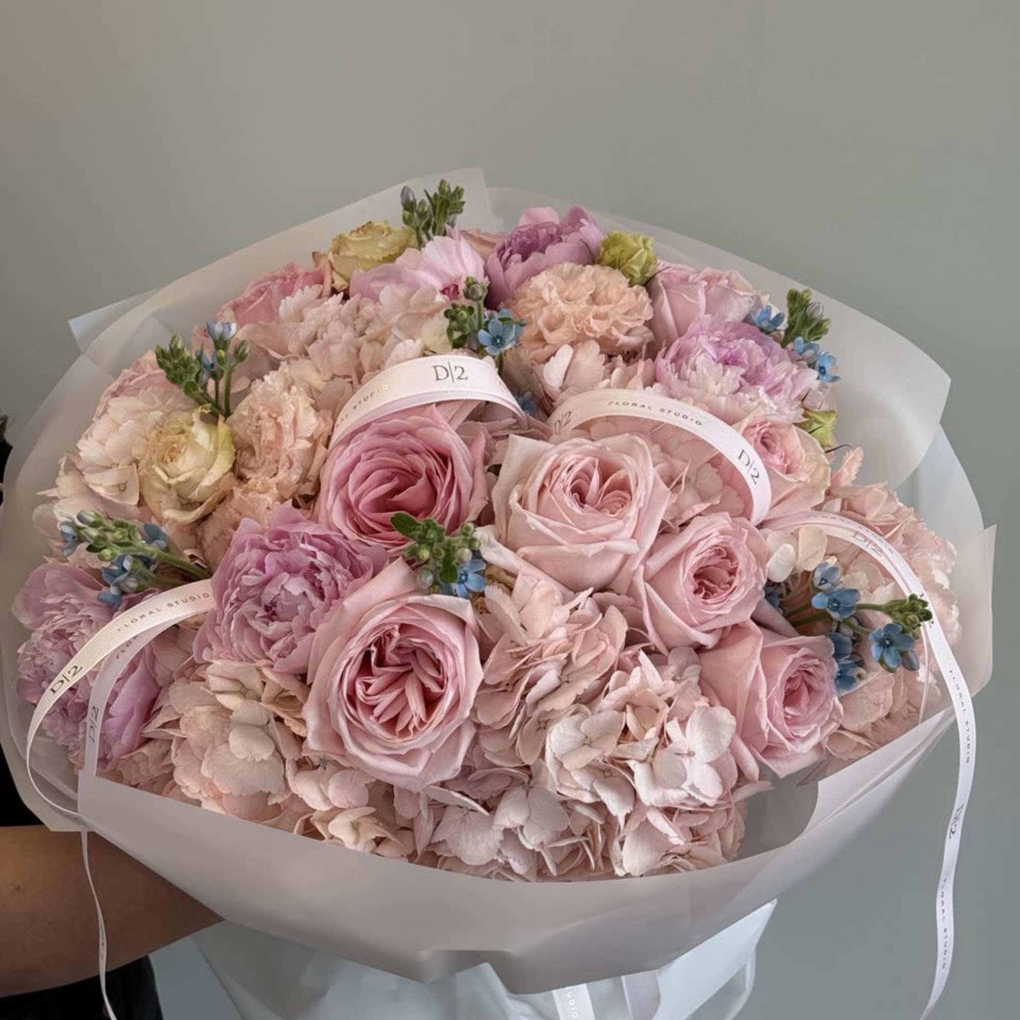 Bouquet of pink roses and hydrangeas wrapped in white paper