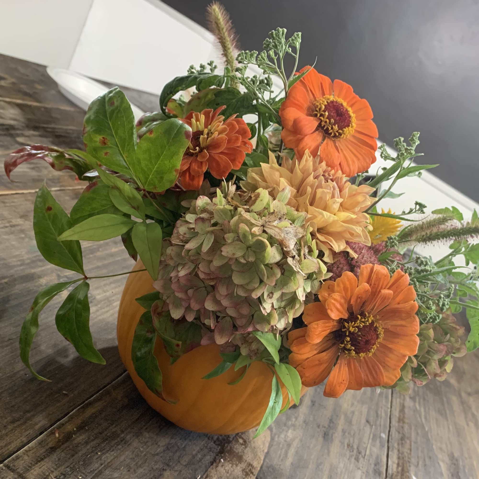 Orange flowers arranged in a pumpkin-shaped container