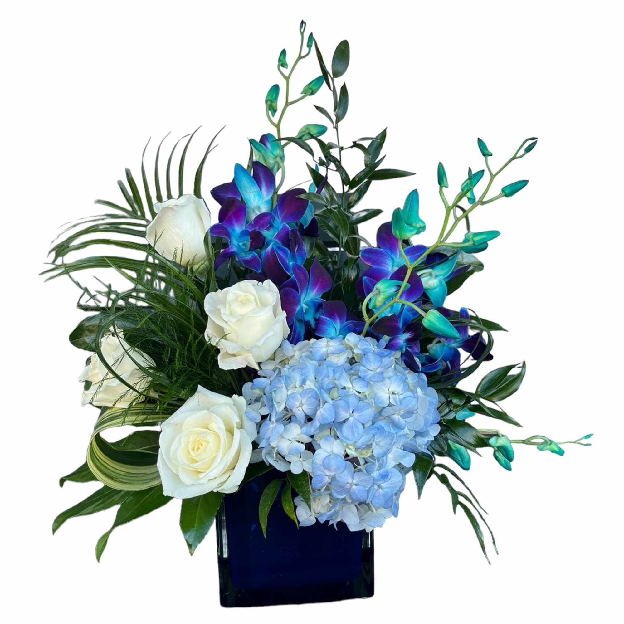 White roses and blue hydrangea in a dark vase with purple-blue orchids