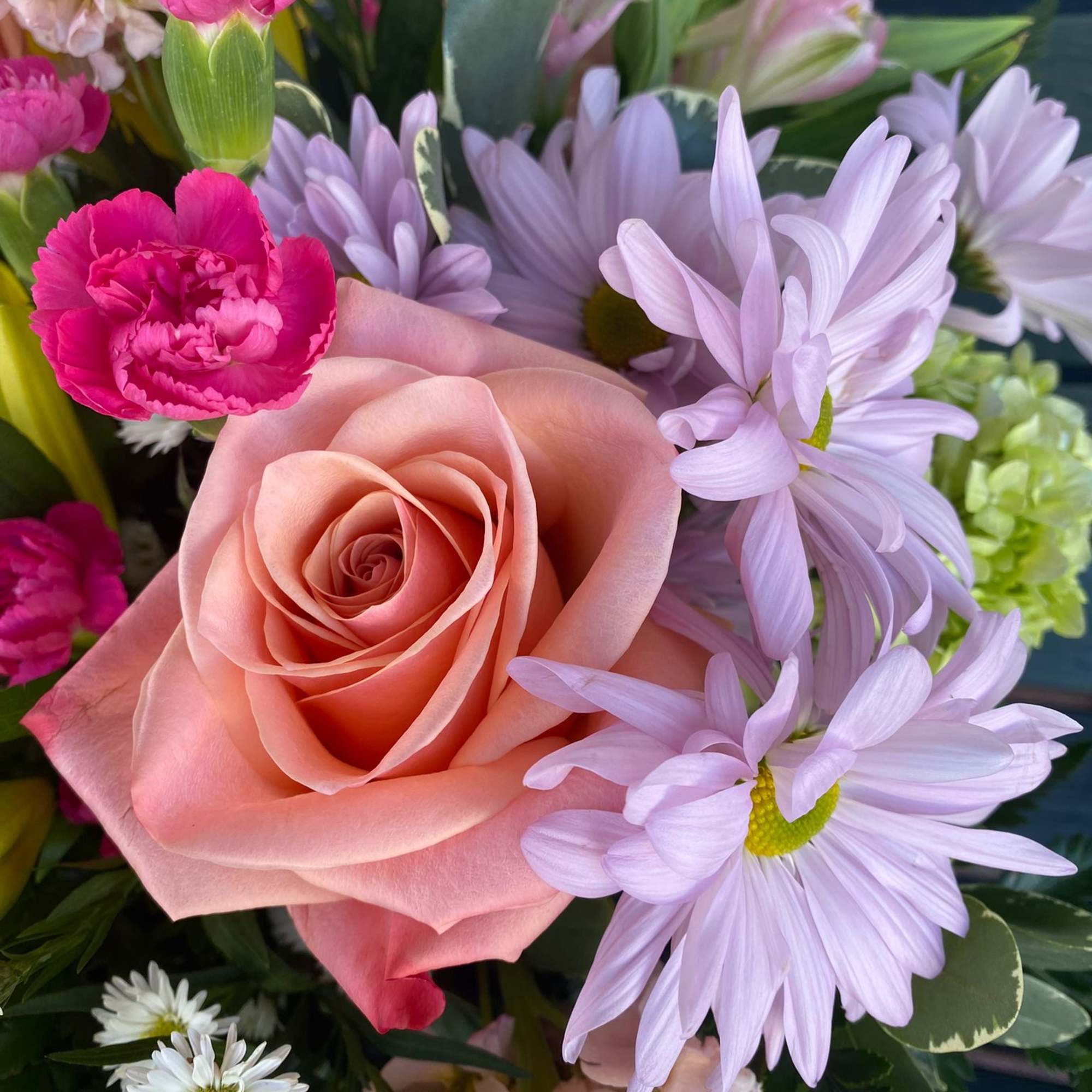 Pink rose with lavender daisies and bright pink carnations in a bouquet