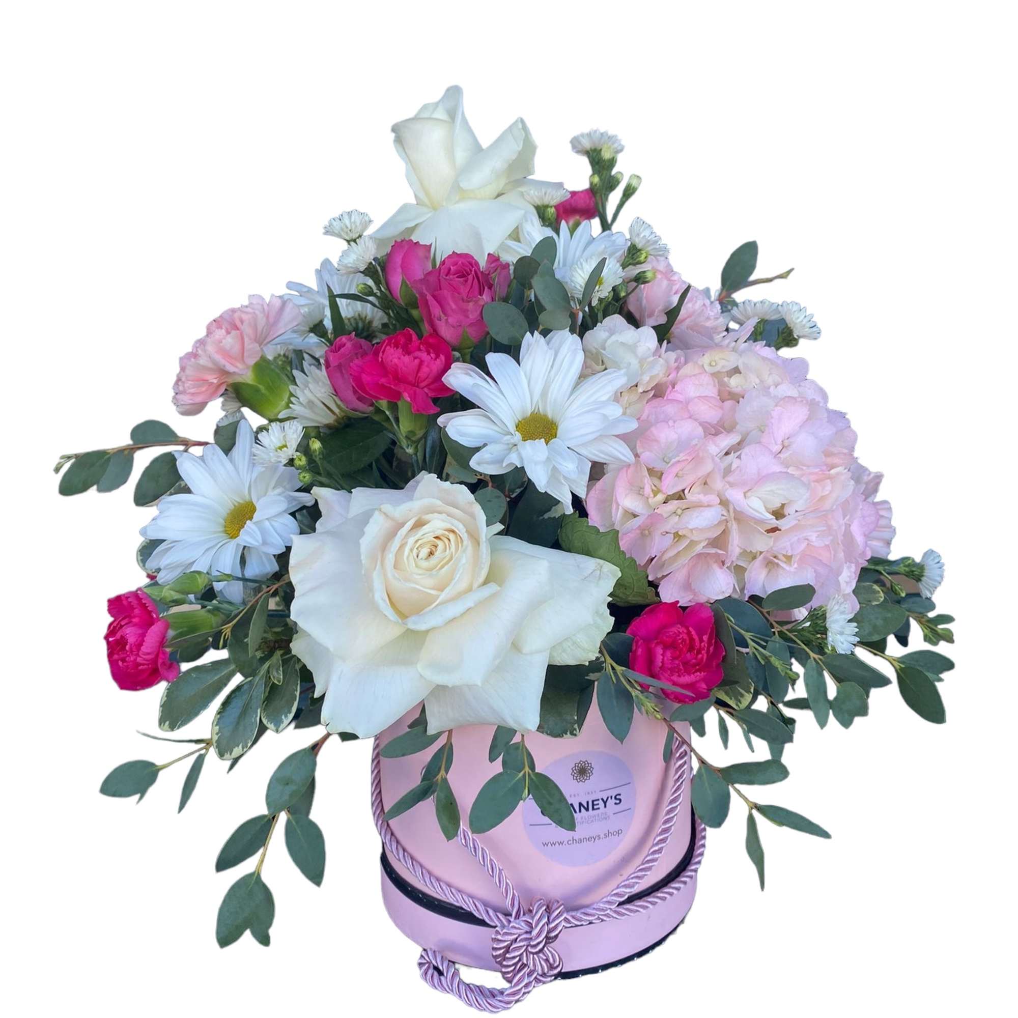 Pink and white mixed flower arrangement in a lavender hat box