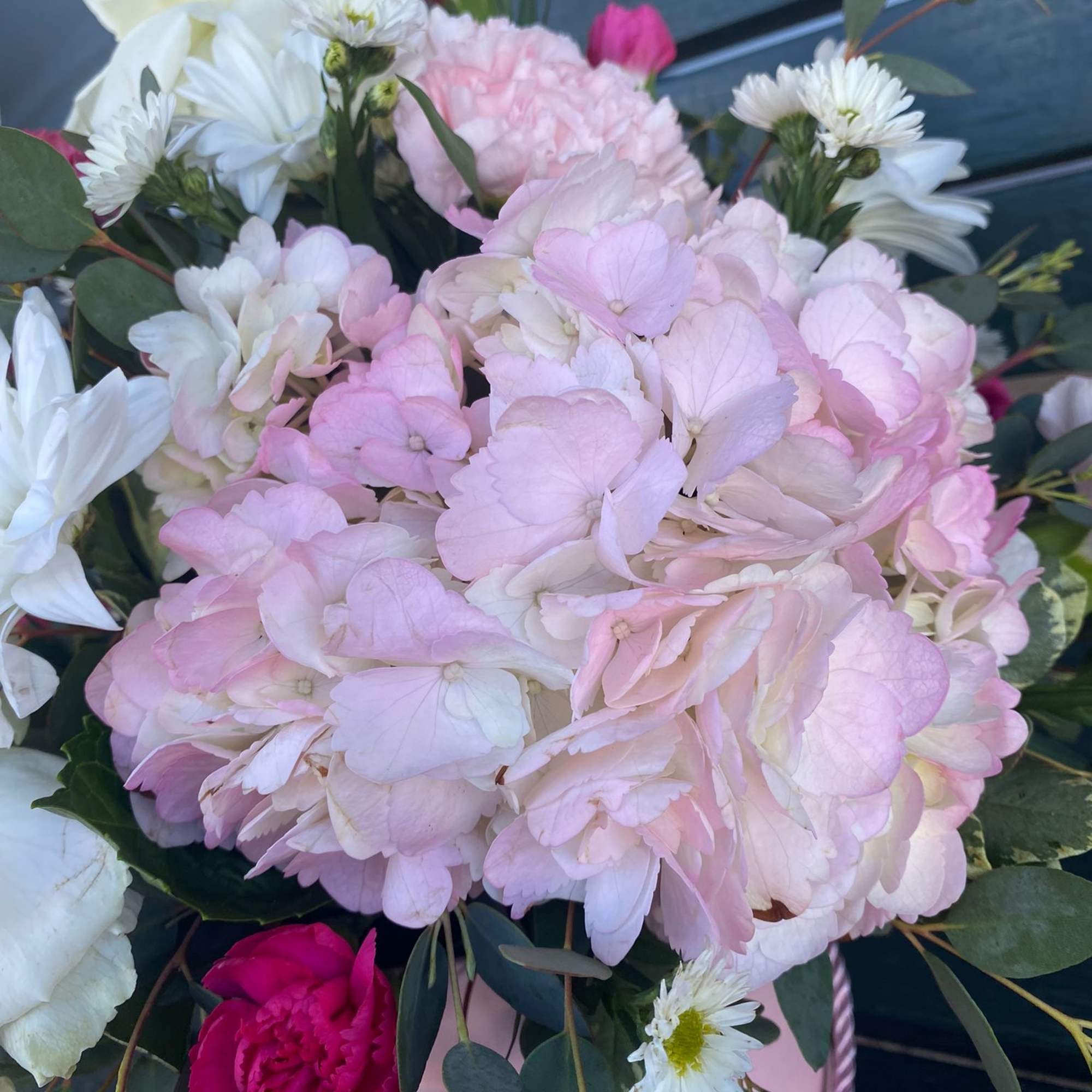 Pink and white bouquet with hydrangeas, roses, and daisies