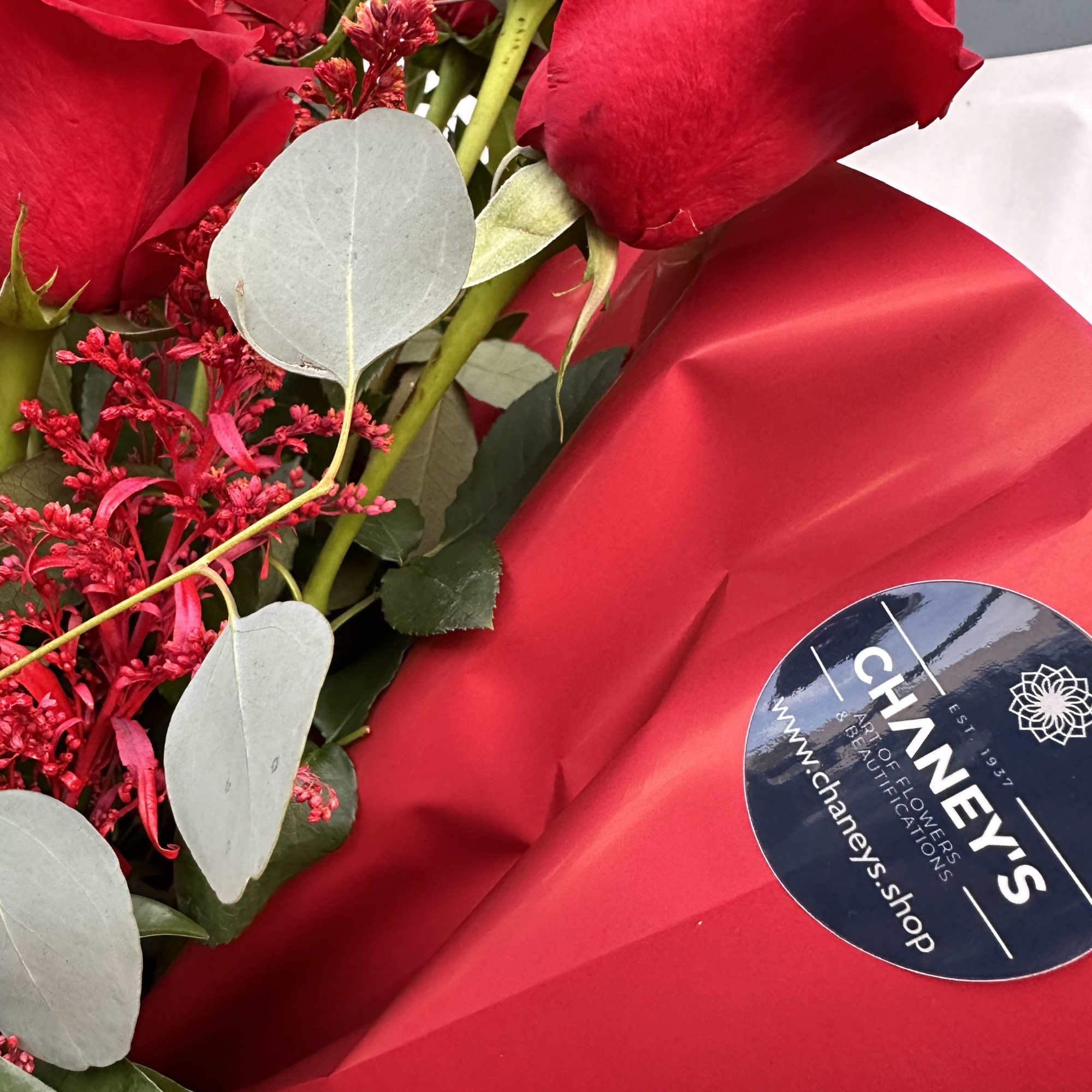 Bouquet of red roses with eucalyptus and red filler flowers