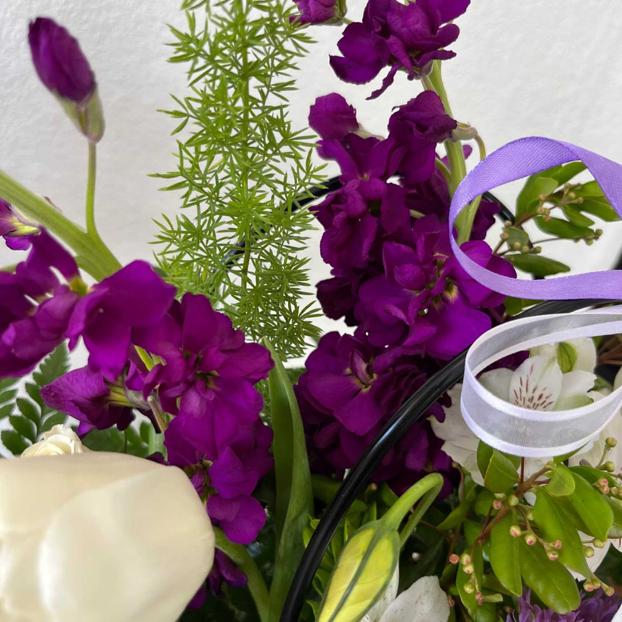 Purple flowers with white blooms and ribbon in a bouquet
