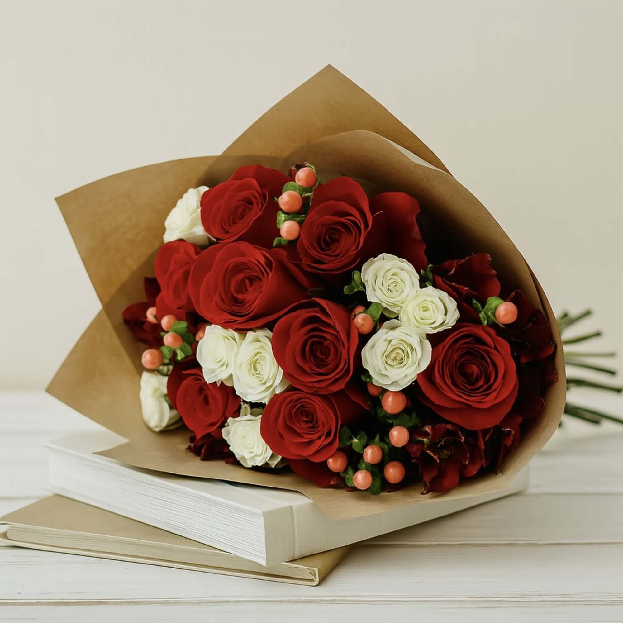 Bouquet of red and white roses wrapped in brown paper
