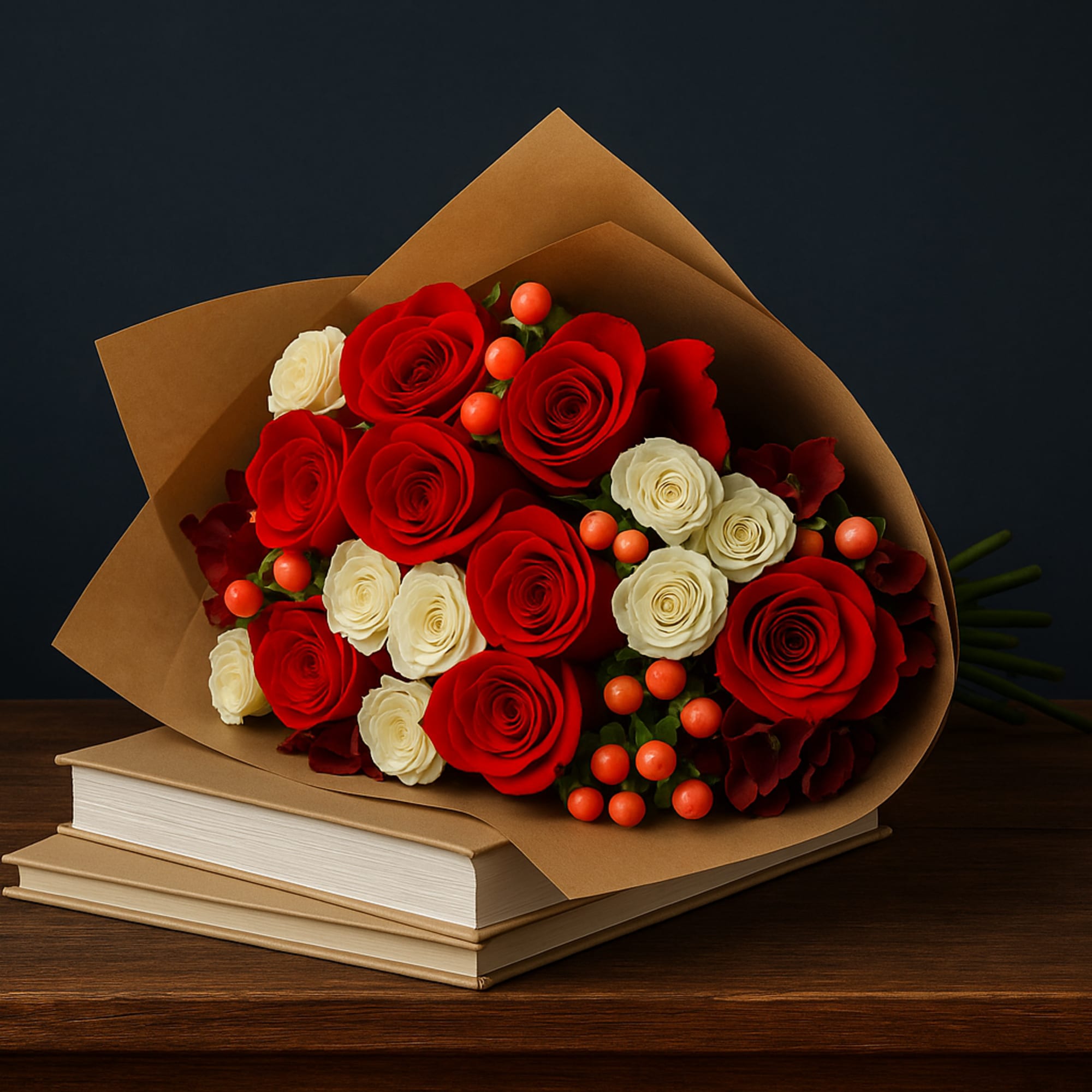 Bouquet of red and white roses wrapped in brown paper, resting on books