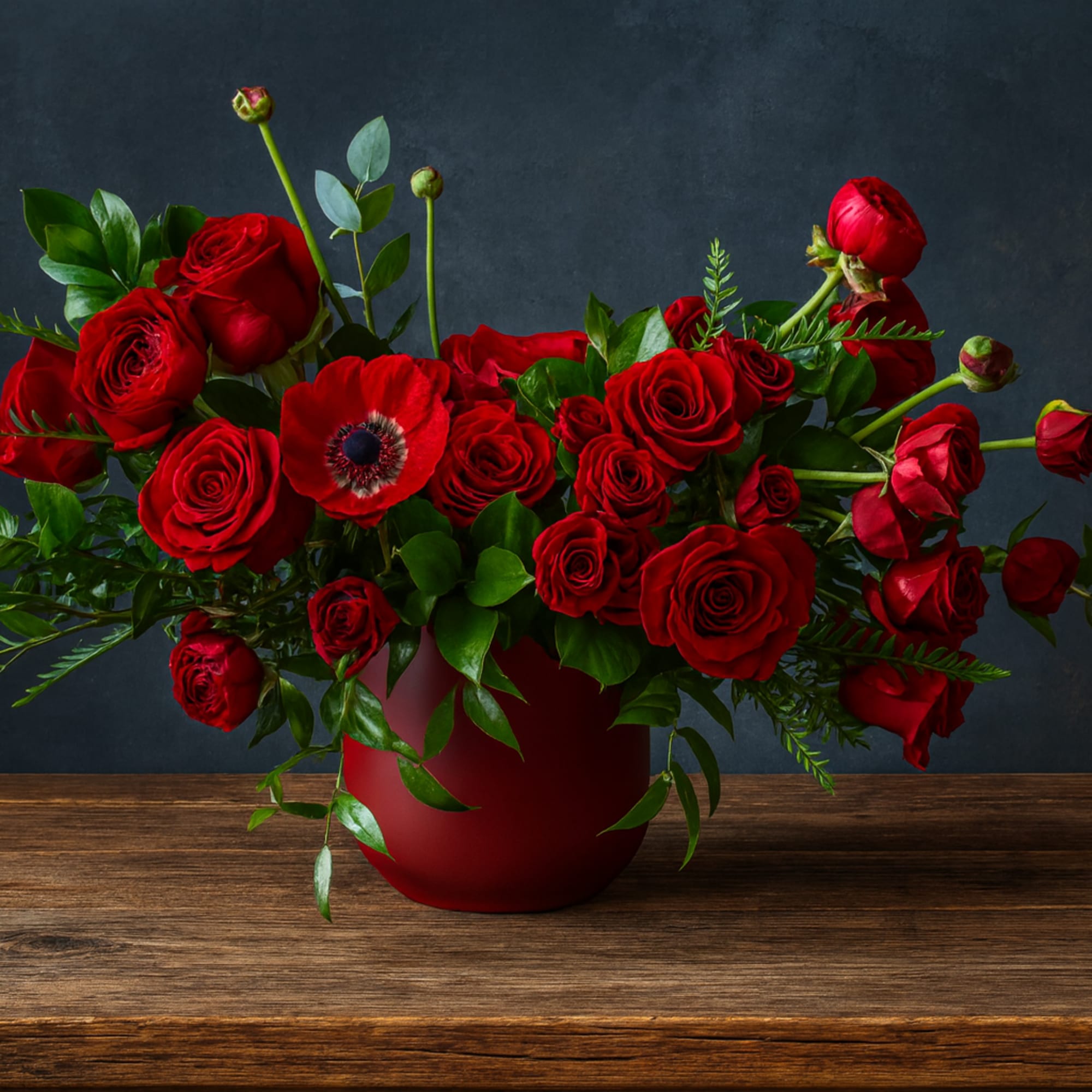 Red roses and a red poppy in a red vase