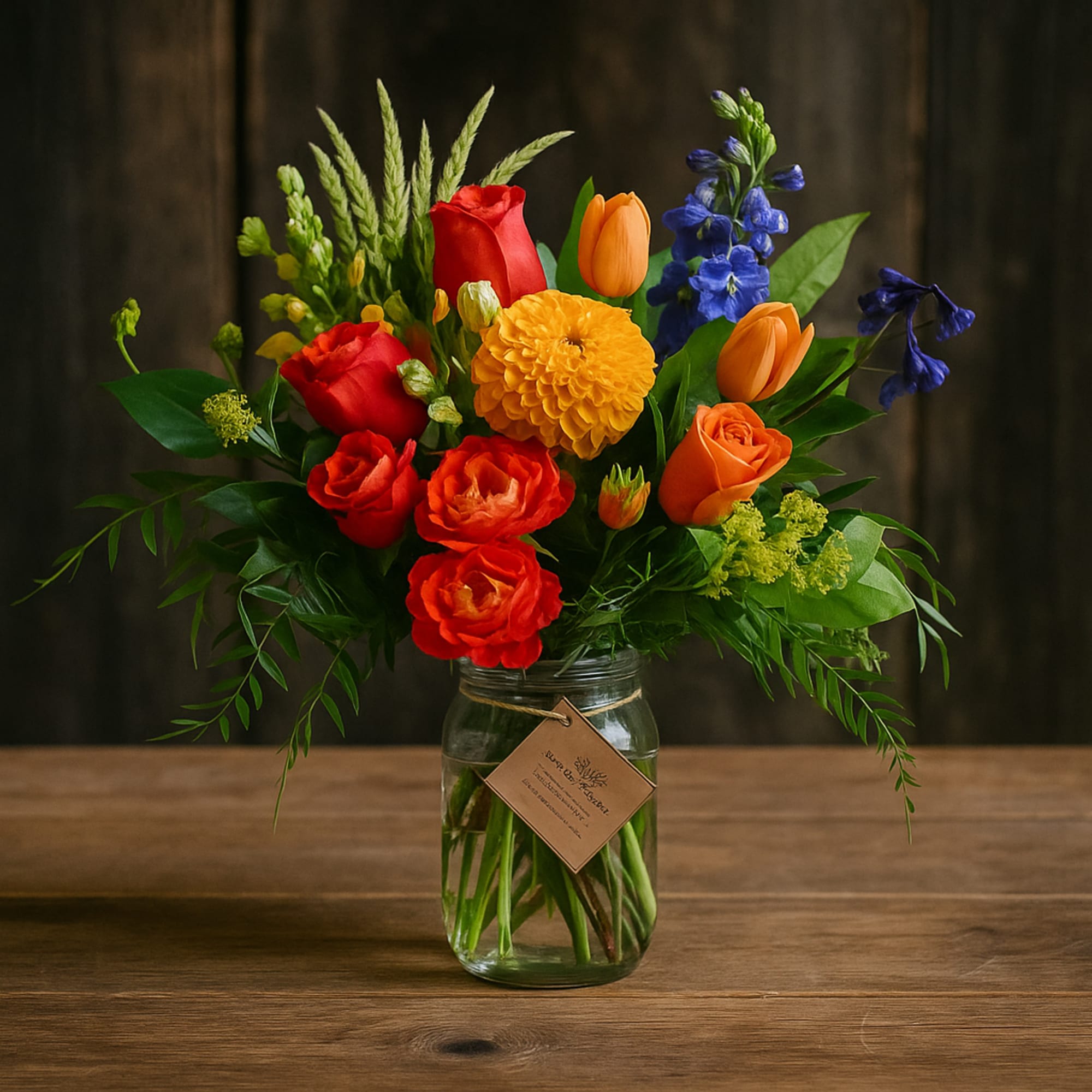 Mixed bouquet of red, orange, yellow, and blue flowers in a glass jar