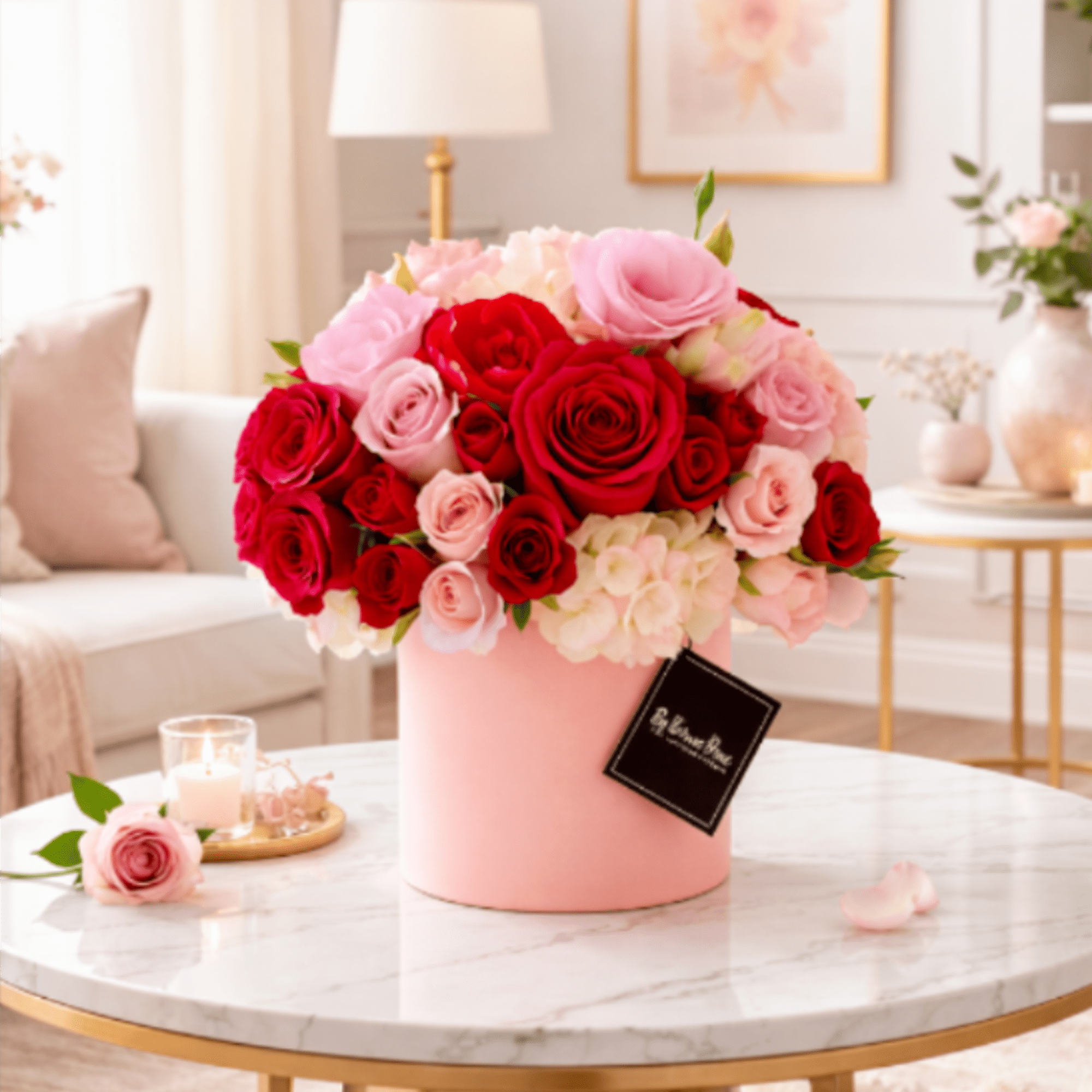 Pink and red rose arrangement in a blush cylindrical box