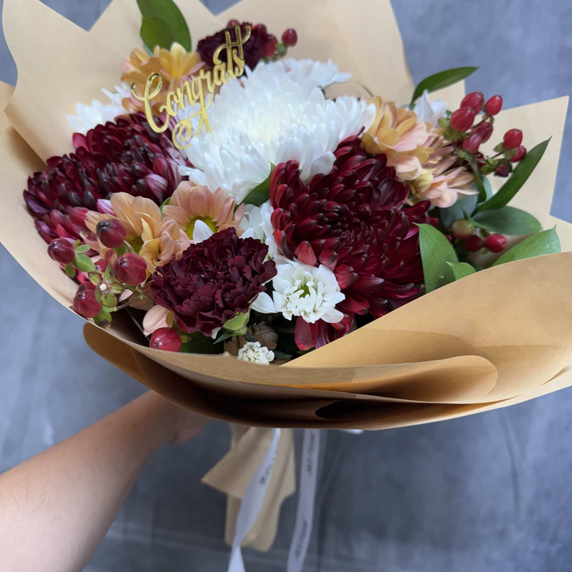 A rich and cheerful mix of burgundy chrysanthemums, white mums, peach daisies, photo 2 of 2