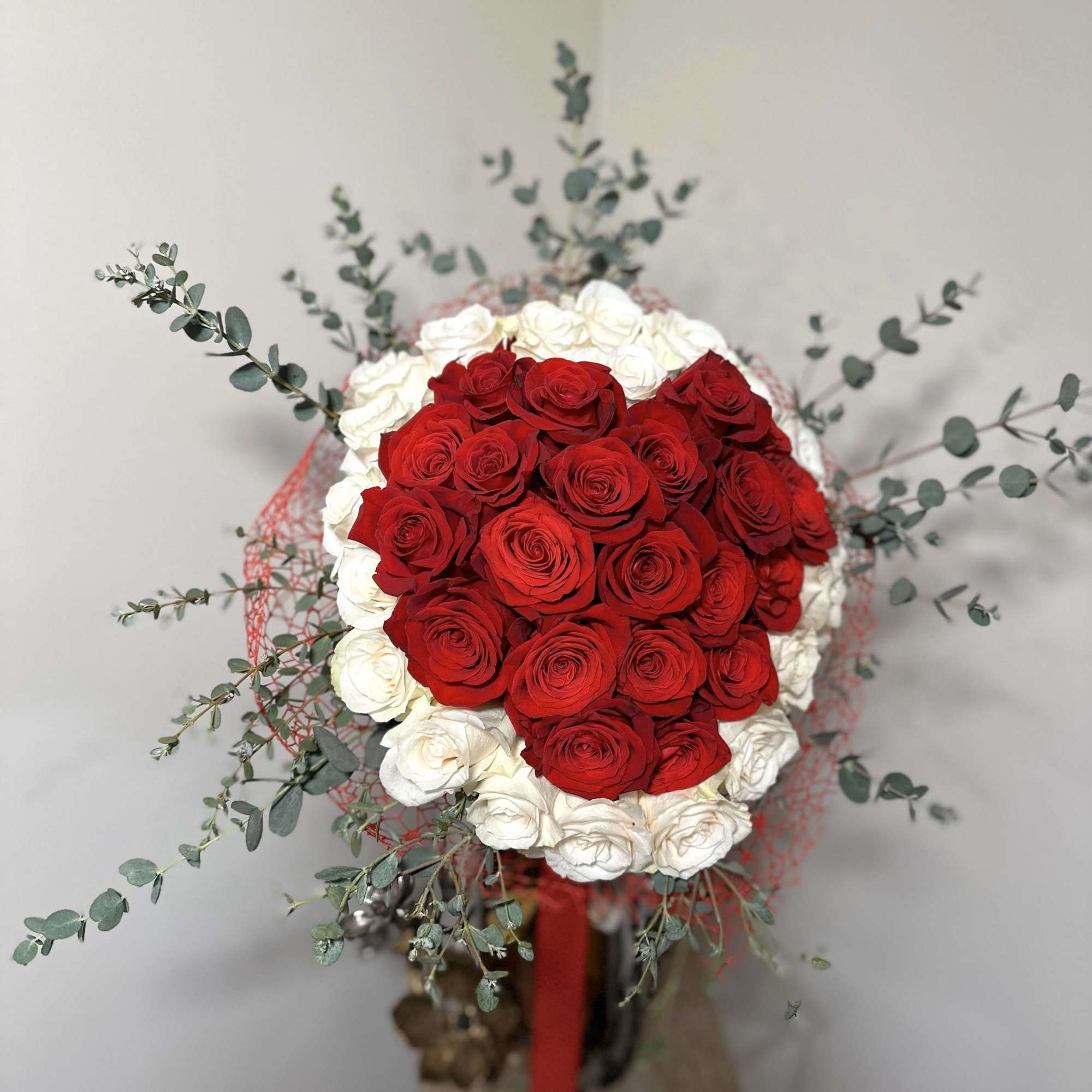 Red and White Rose Bouquet wrapped in a delicate red mesh and, photo 2 of 2