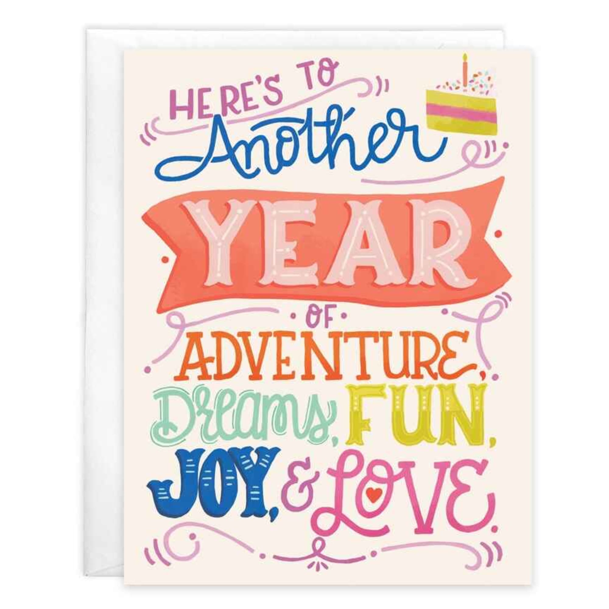 Greeting card with envelope reads:

Front: "Here's to another year of adventure, dreams
