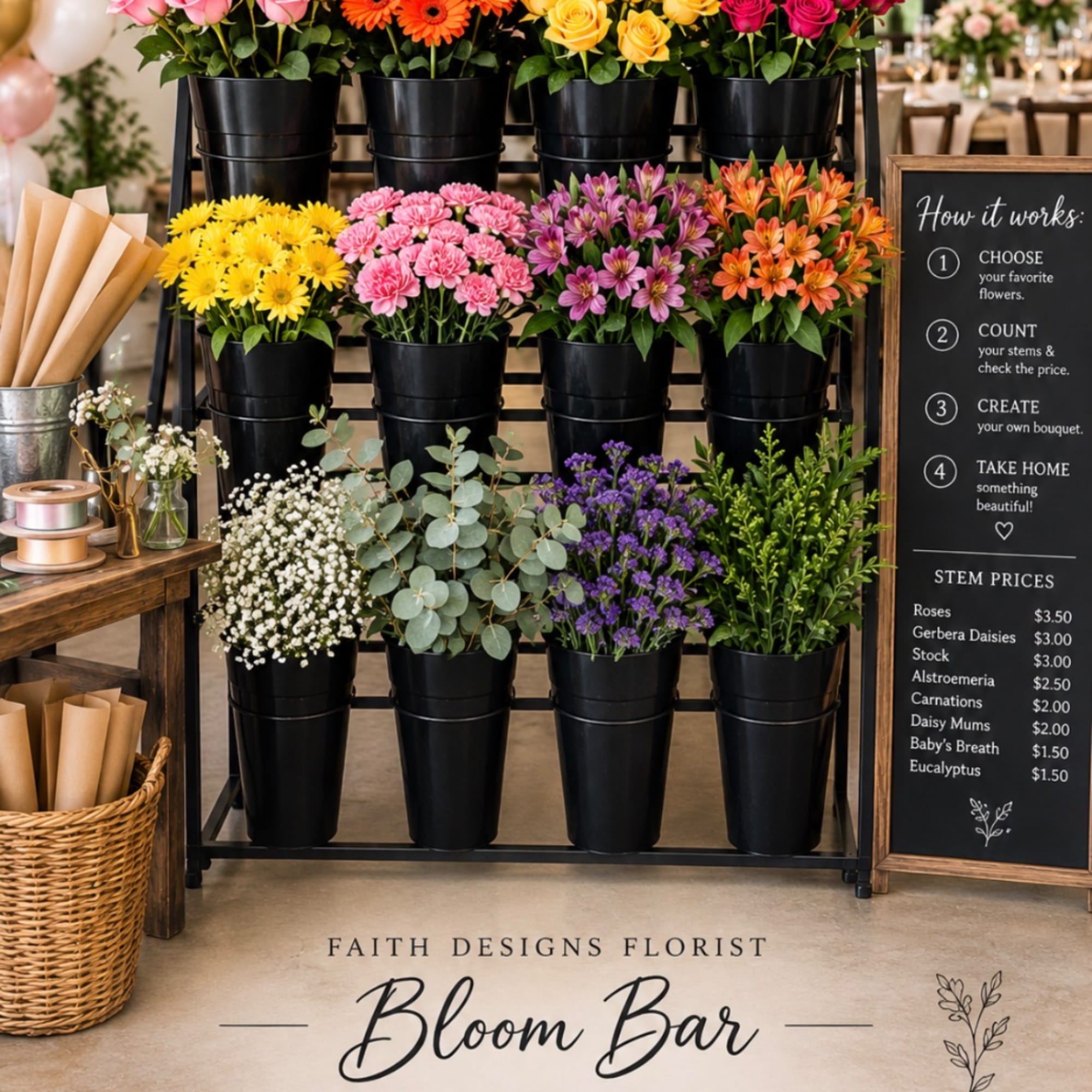 Flower bar display with buckets of colorful blooms and a pricing sign