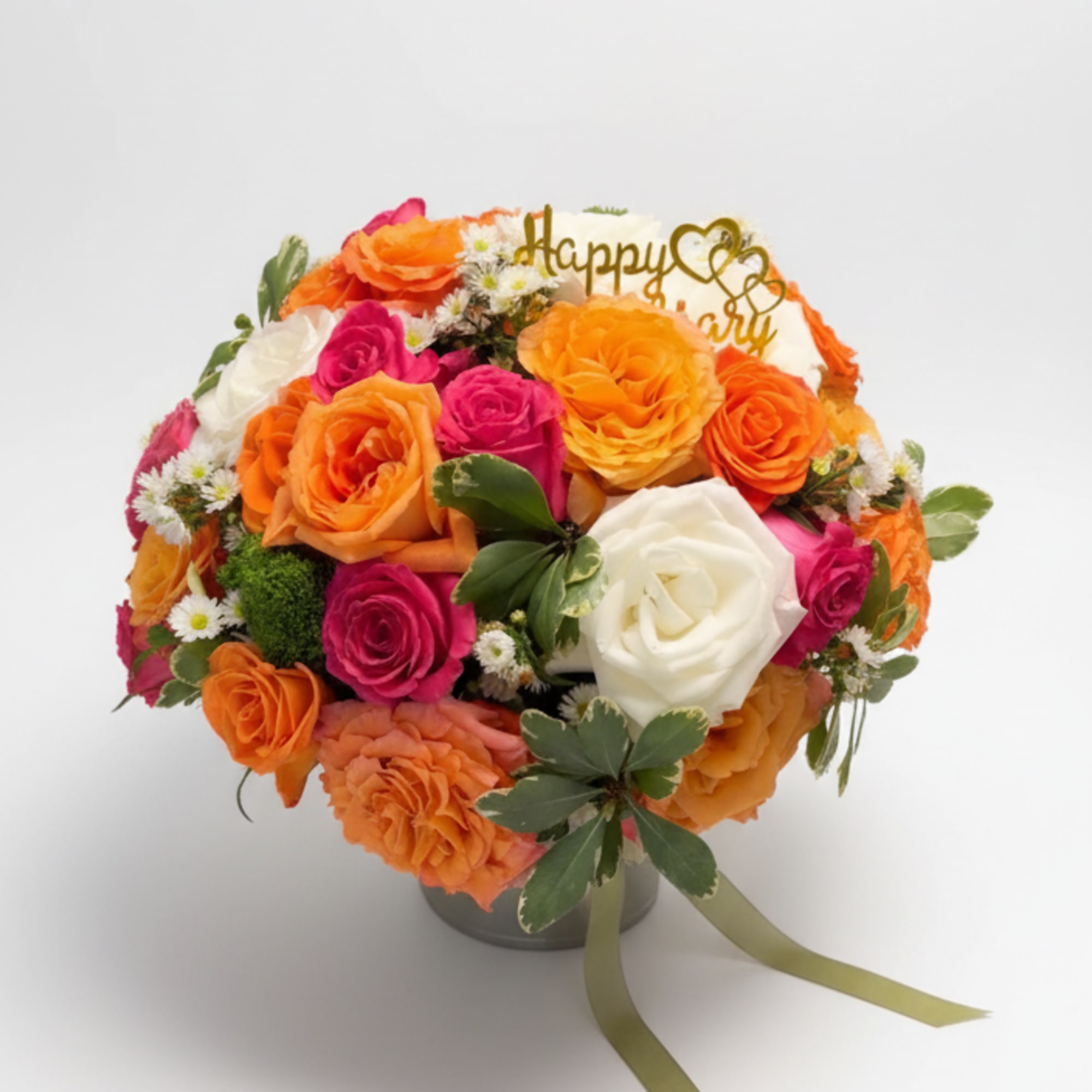 A bold and beautiful blend of ivory, fuchsia, and vibrant orange blooms, photo 2 of 2