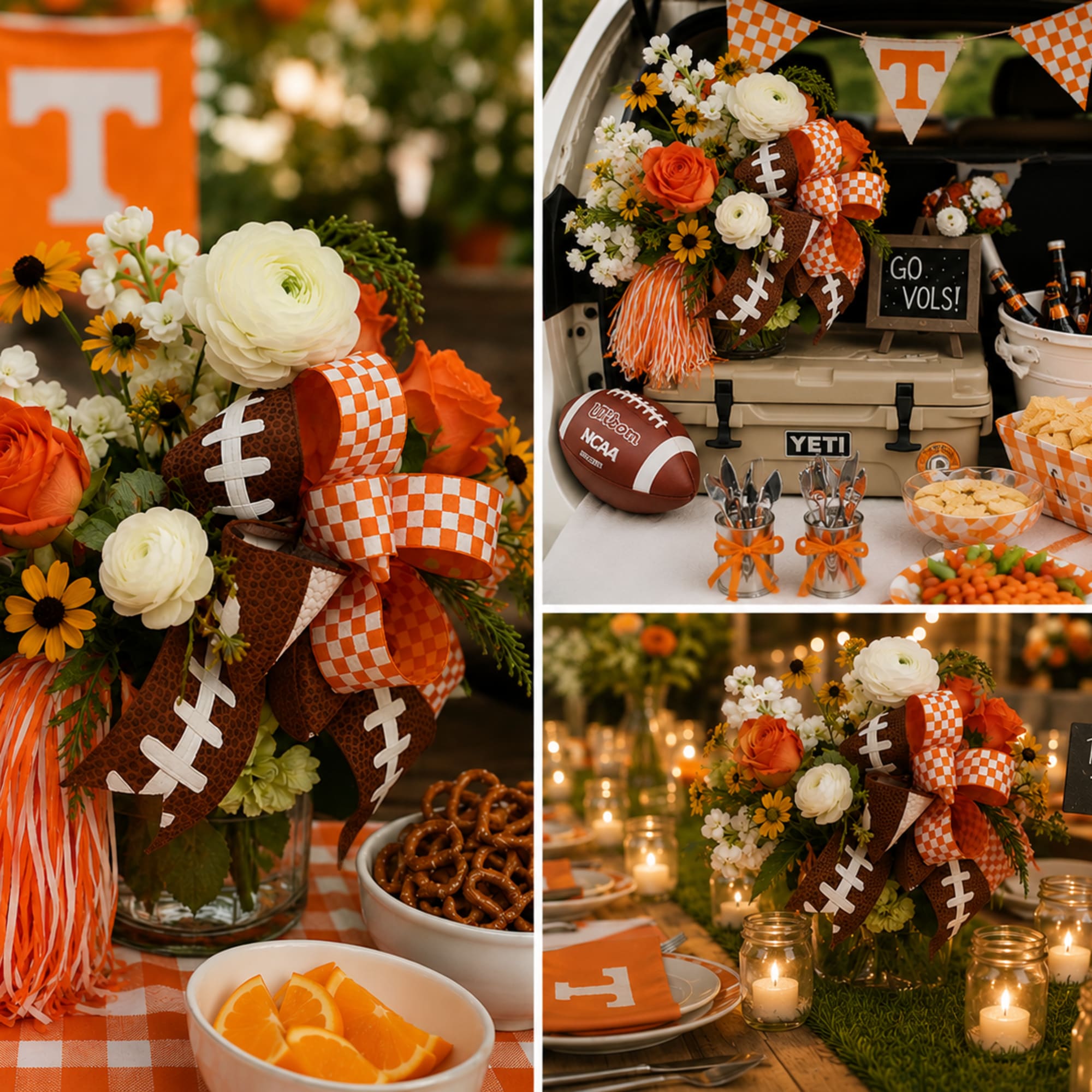 Orange and white floral arrangement with football ribbons and a glass vase