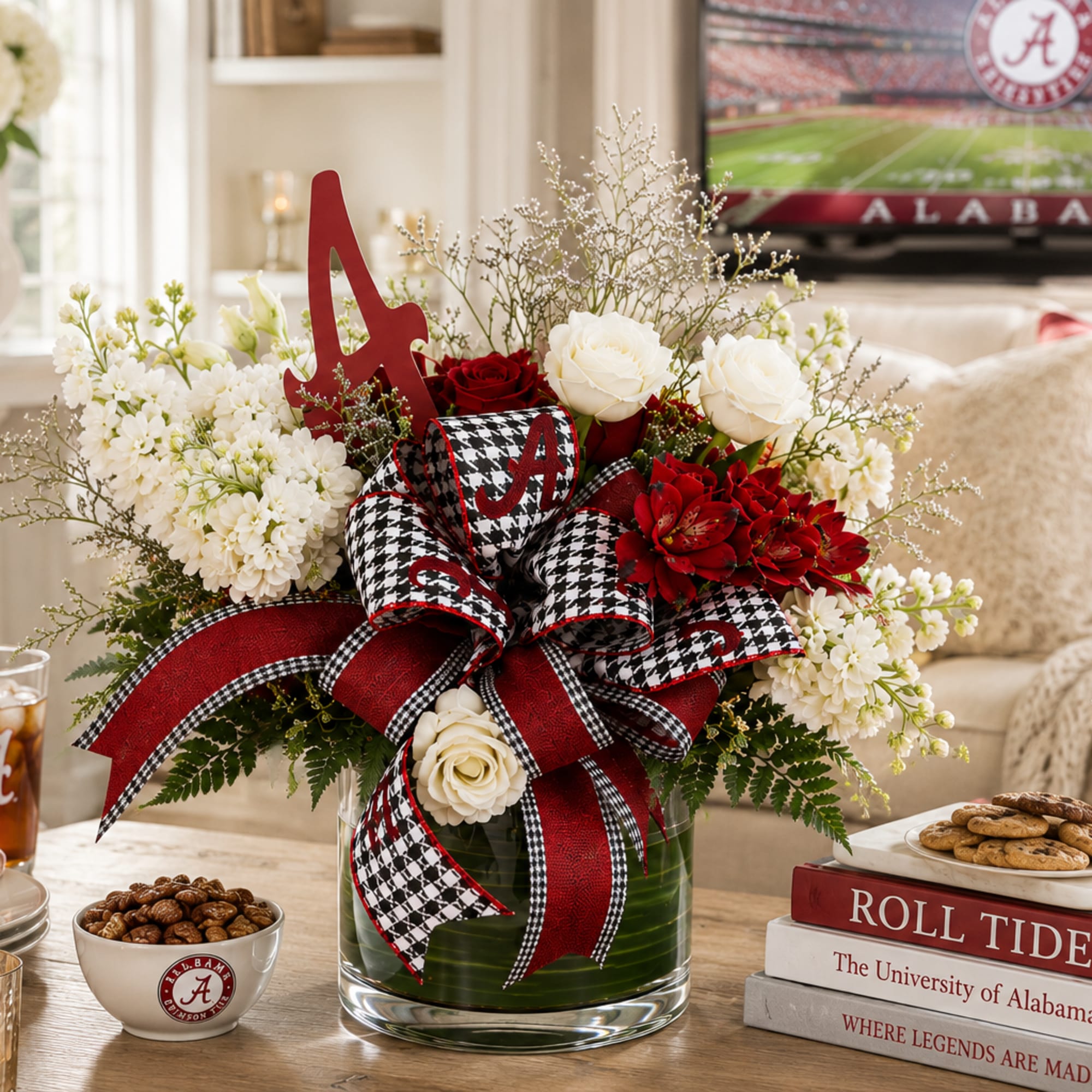 Red, white, and black floral arrangement in a glass vase with a large ribbon bow