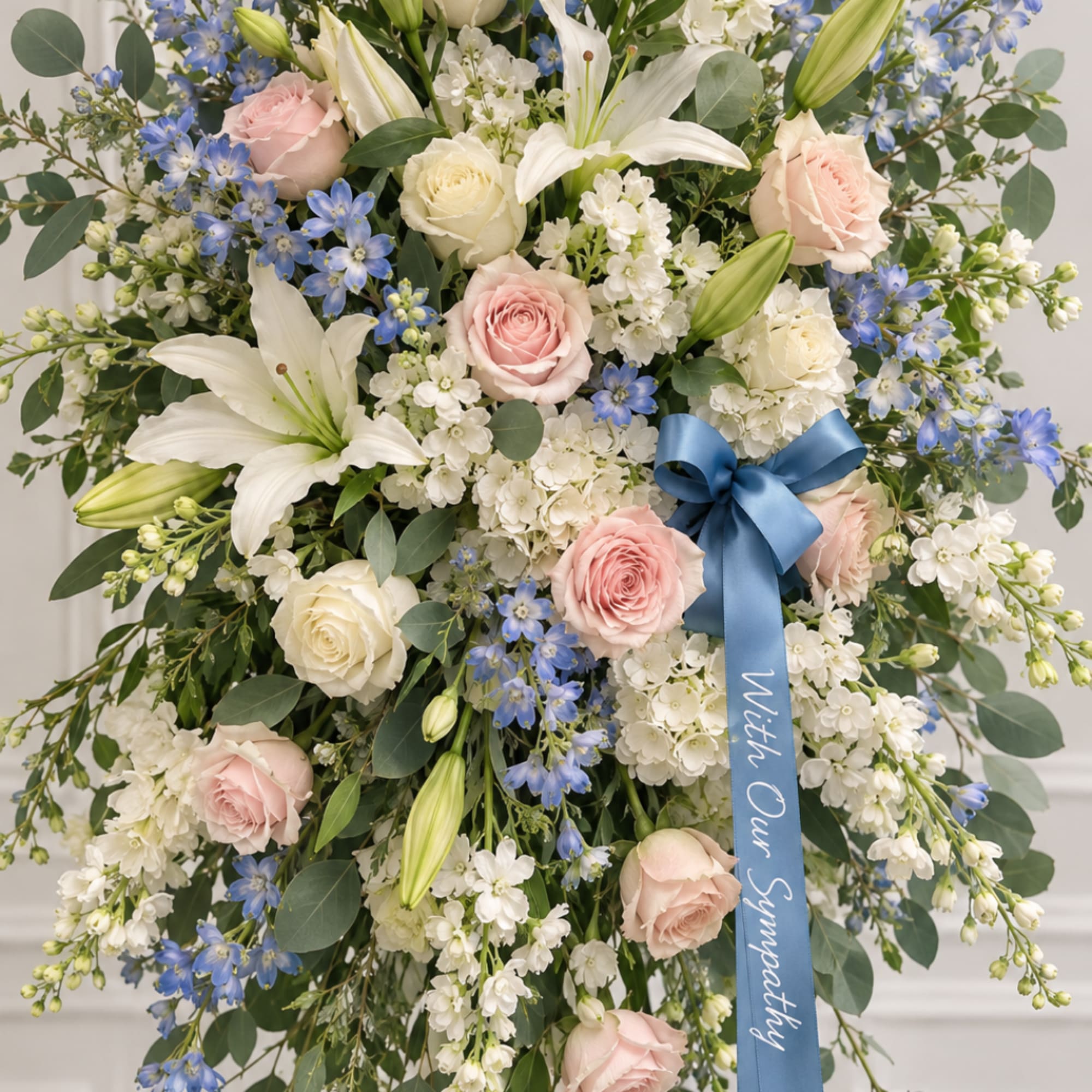Large bouquet of pink and white roses with lilies and blue flowers, tied with a blue ribbon
