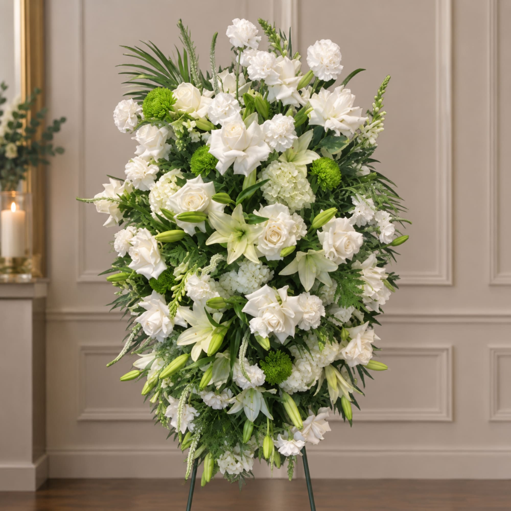 Tall white and green funeral spray on a stand