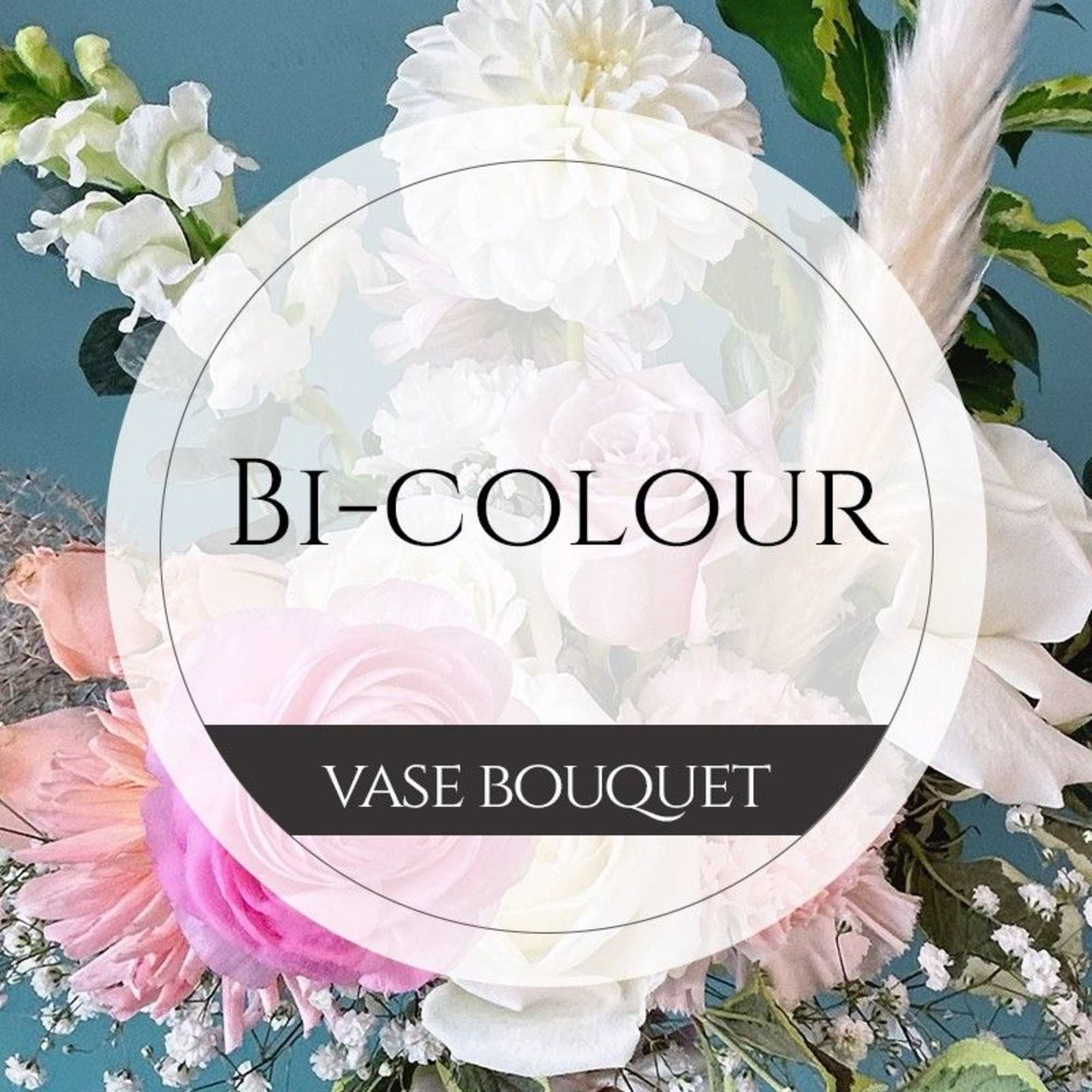 White and pink mixed bouquet with a vase bouquet label
