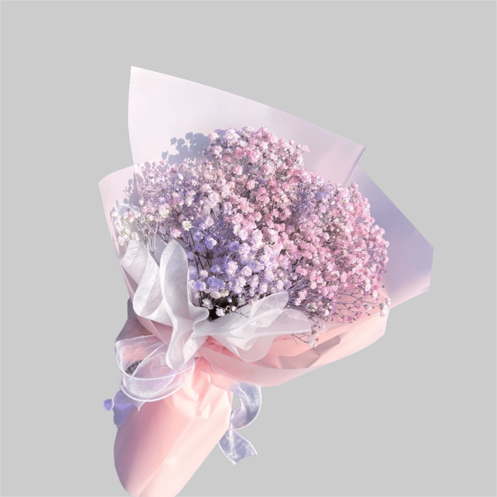 Bouquet of pink and lavender baby's breath wrapped in pastel paper