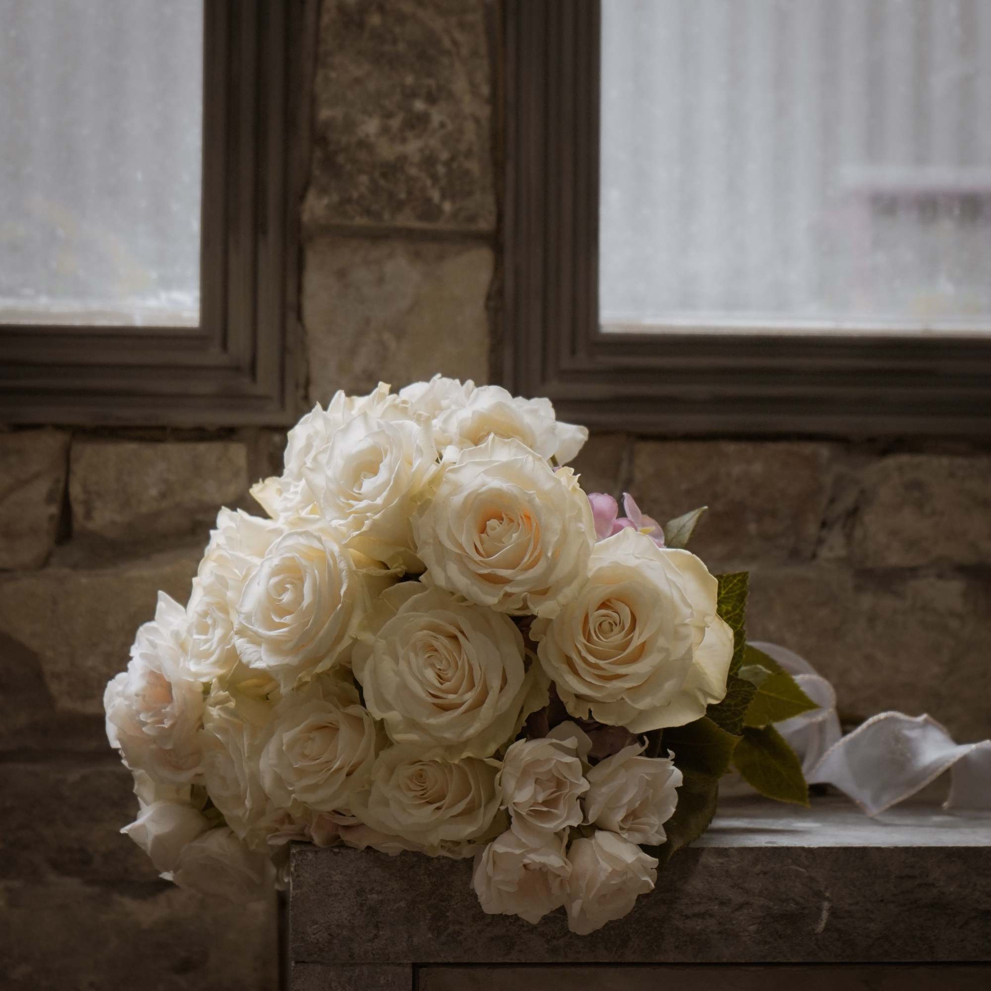 Bouquet of white roses with a white ribbon