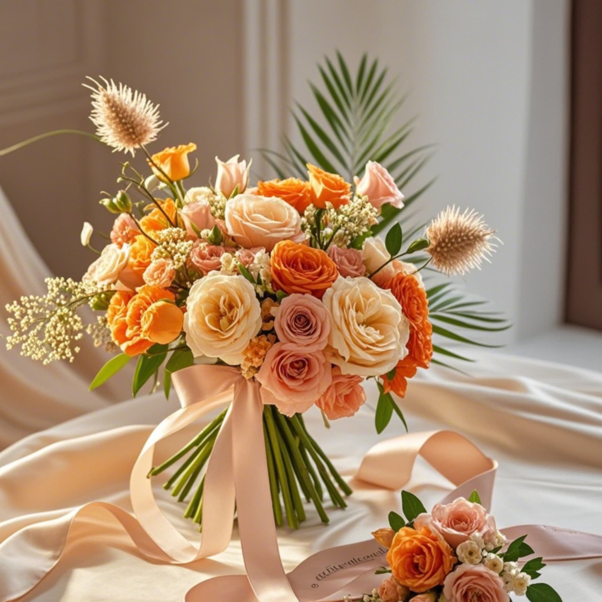 Peach and orange rose bouquet with a matching boutonniere on satin ribbon