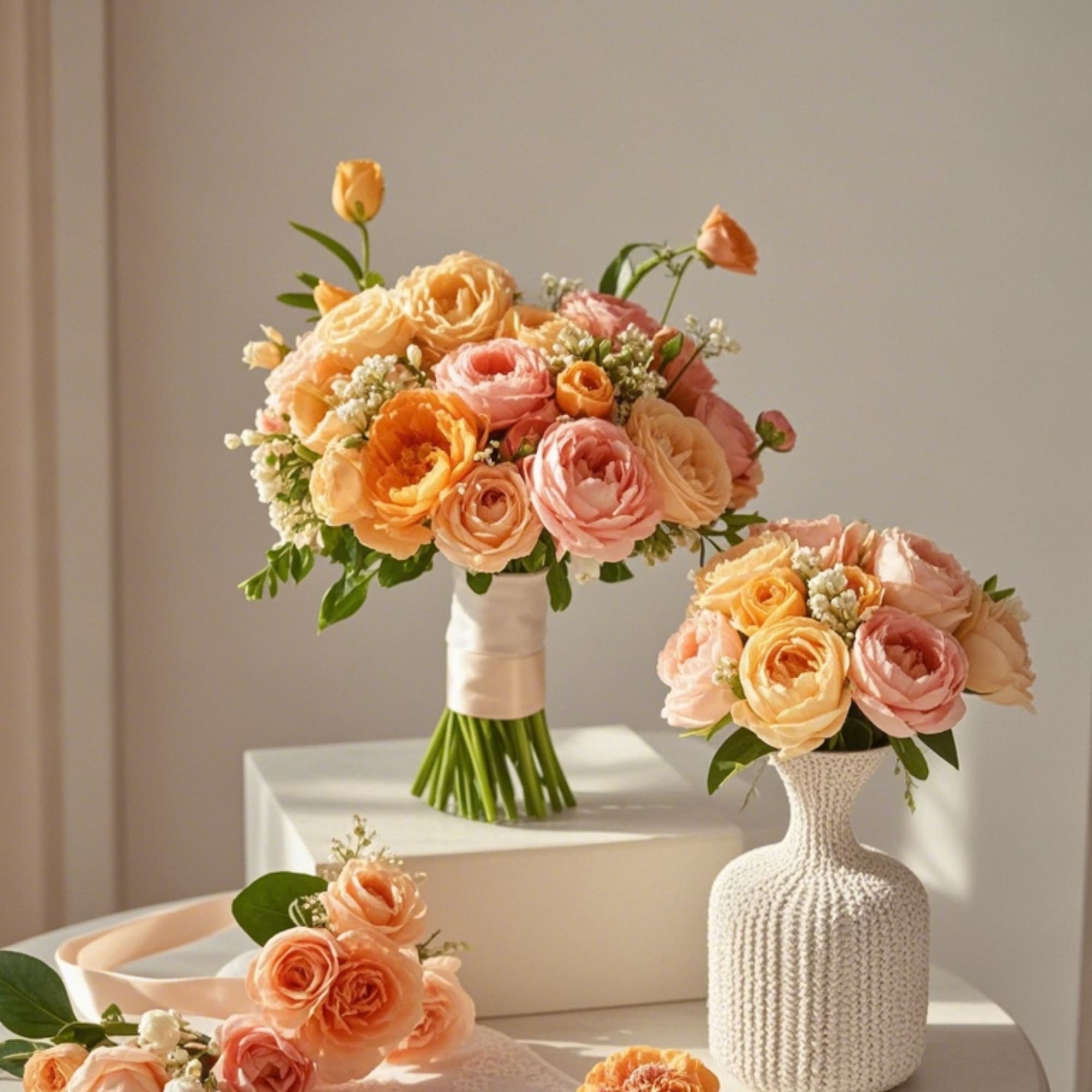 Peach and pink rose bouquets with a white textured vase and floral wrist corsage