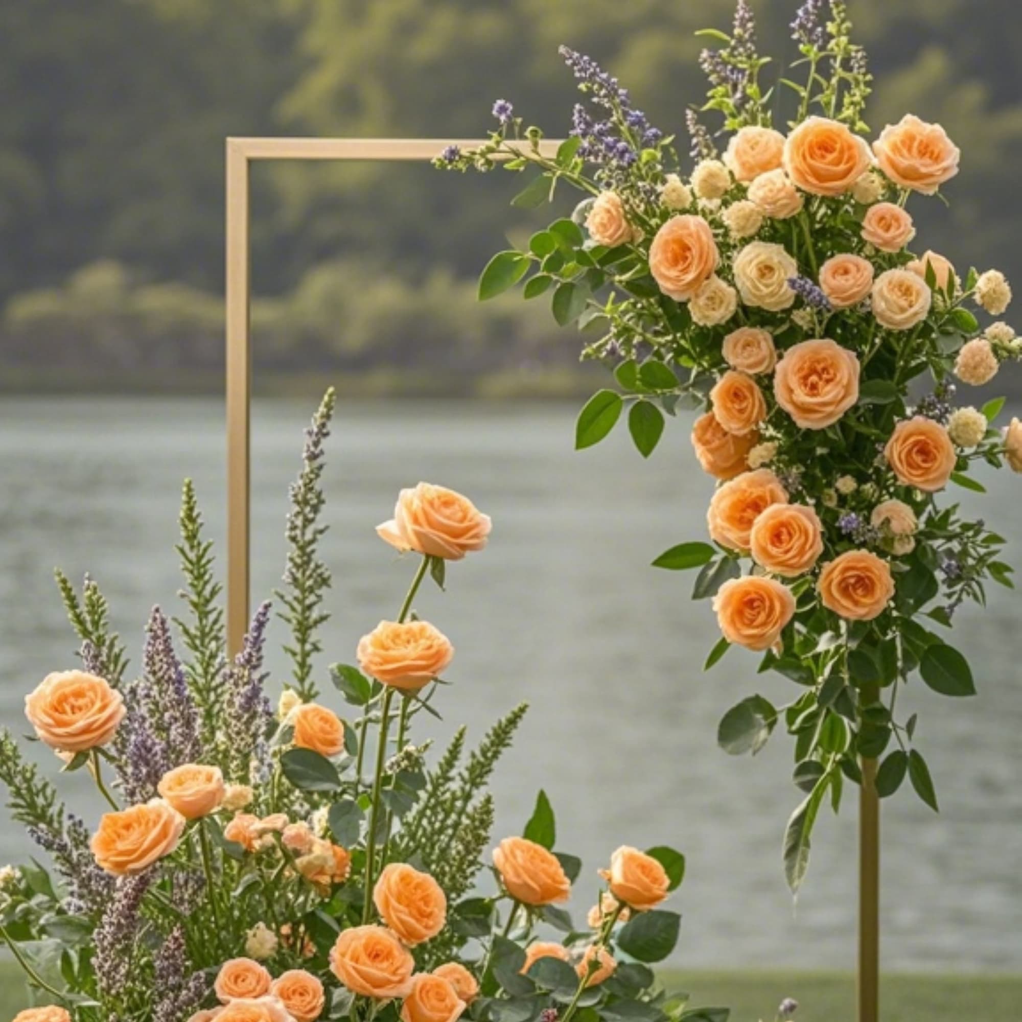 Peach roses arranged around a gold rectangular frame outdoors