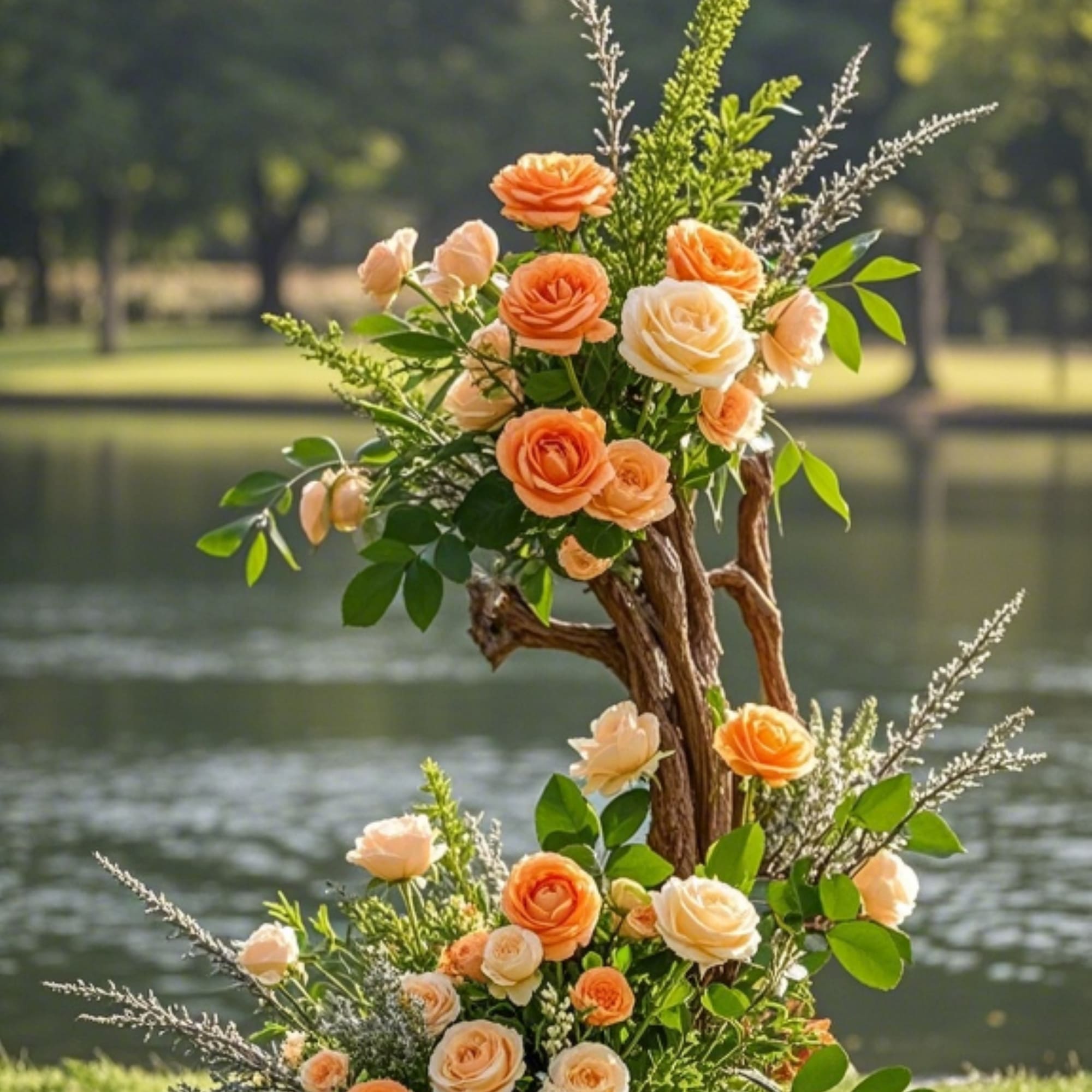 Tall peach and cream rose arrangement with greenery on a rustic branch structure