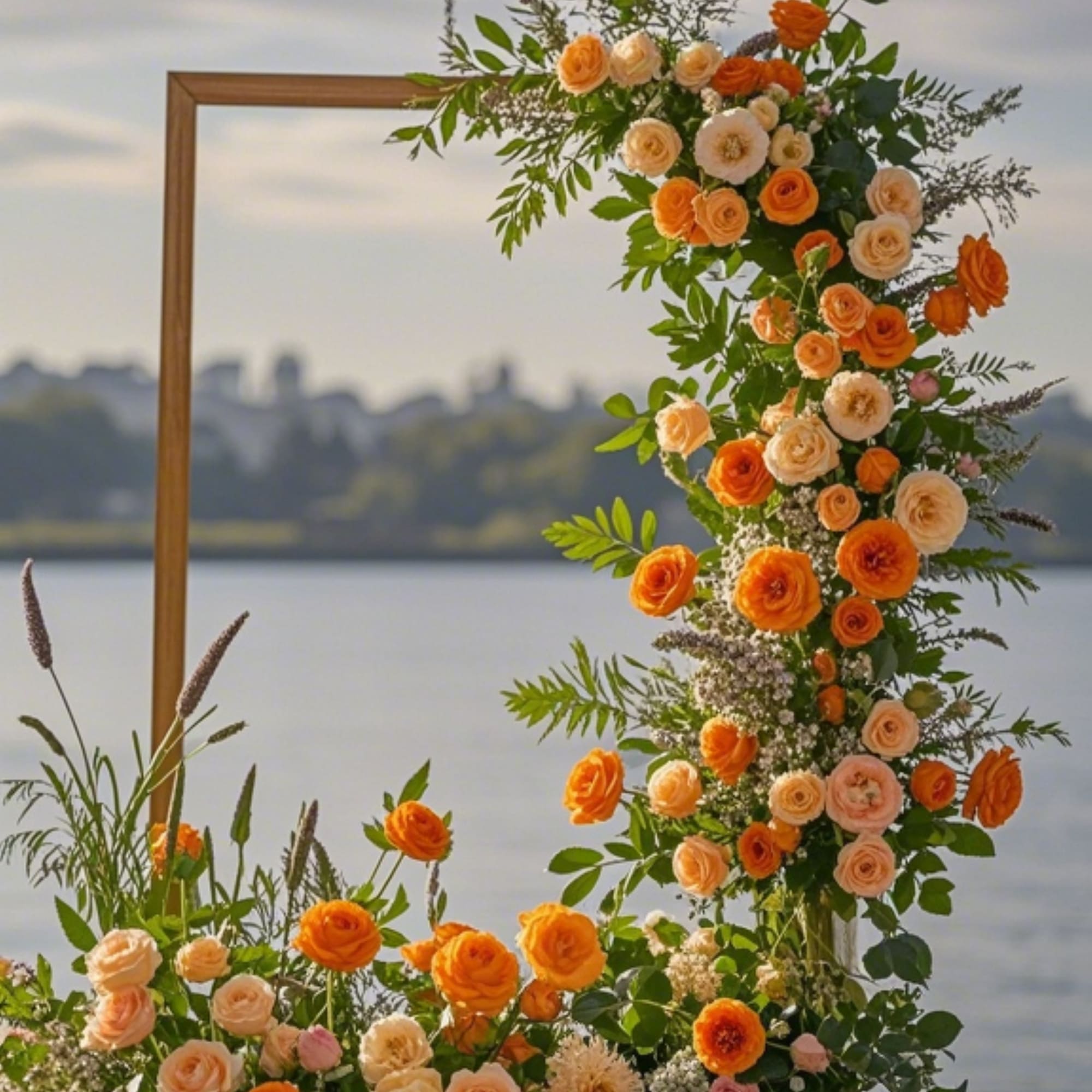 Orange and blush rose floral arch by the water