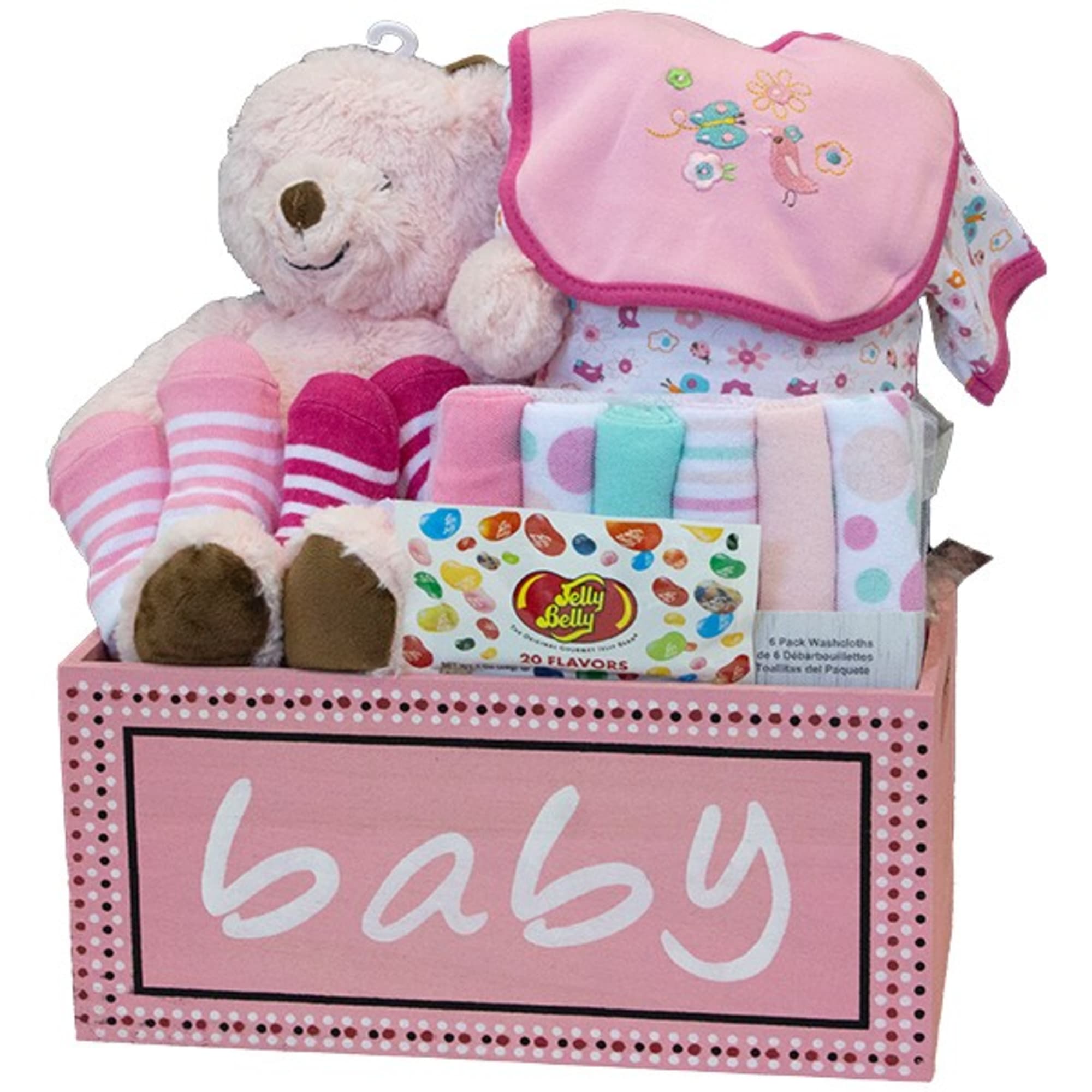 Pink baby gift basket with teddy bear, blankets, washcloths, and candy