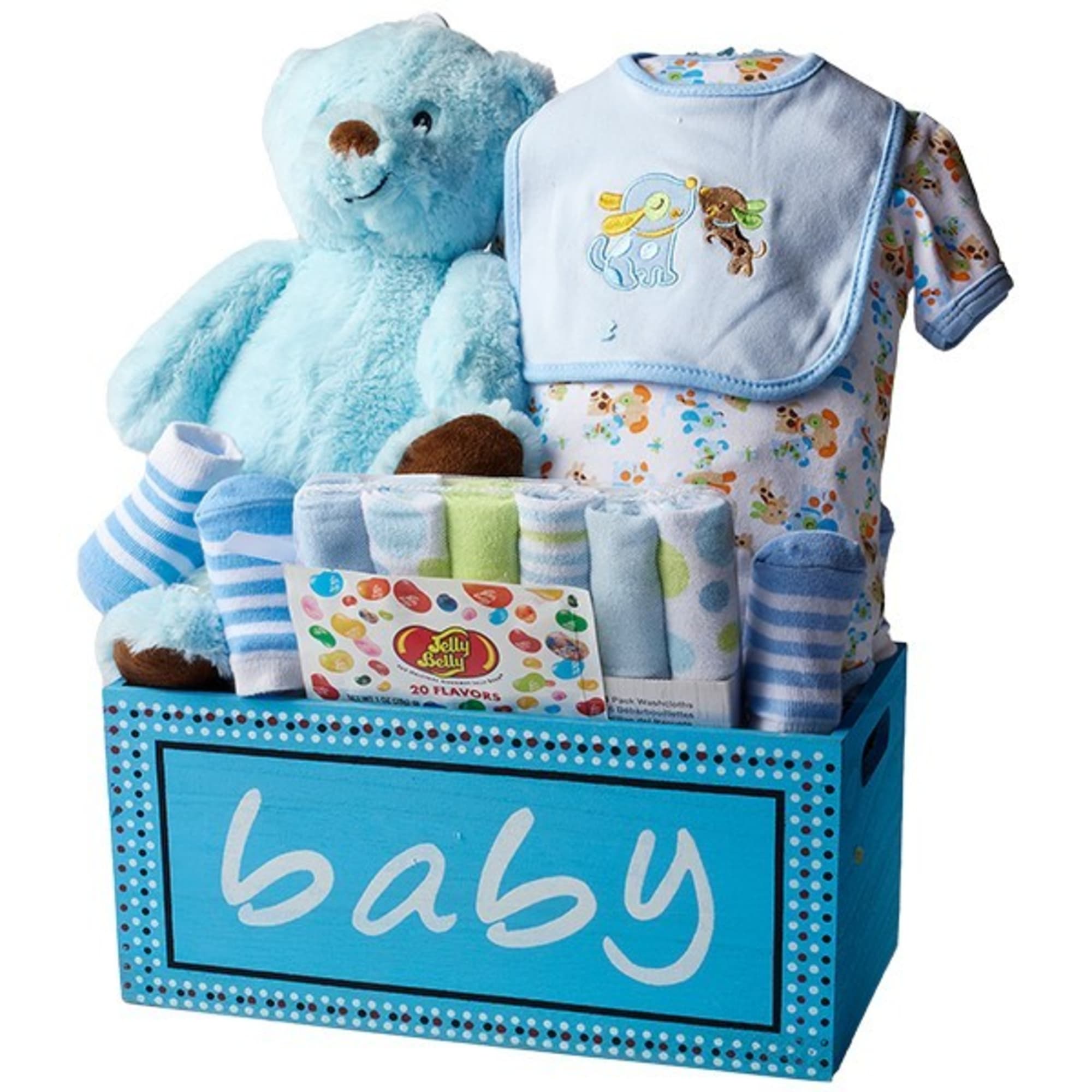 Baby gift basket with a teddy bear, onesie, bib, socks, and washcloths