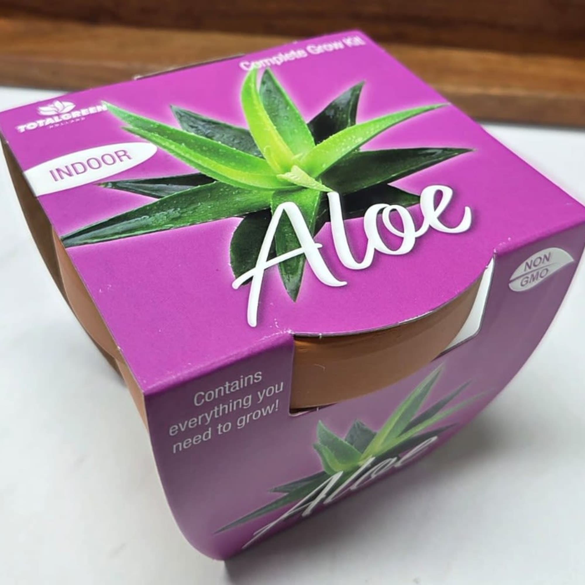 Purple box with aloe plant graphic and the word Aloe