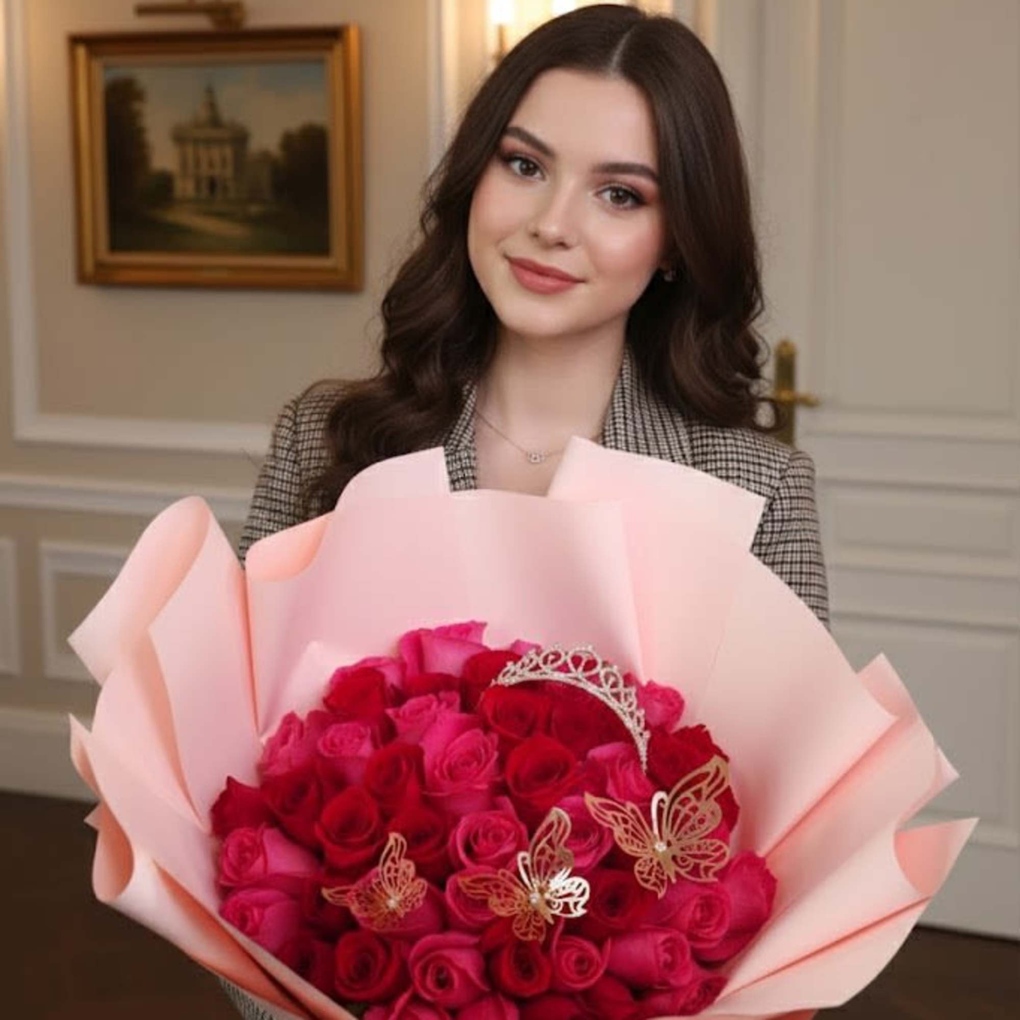 Woman holding a bouquet of red and pink roses wrapped in pale pink paper