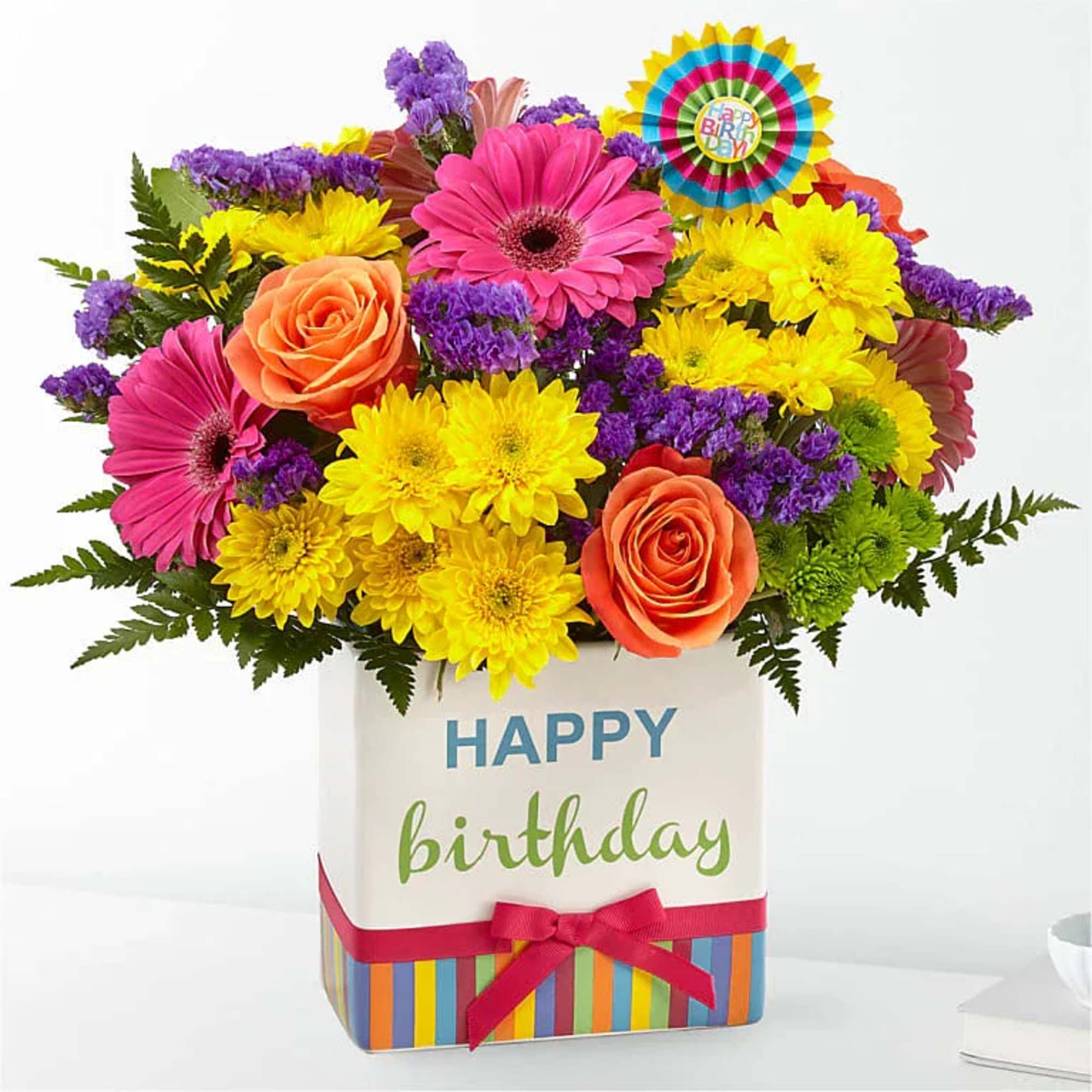 Colorful birthday bouquet in a decorated gift box