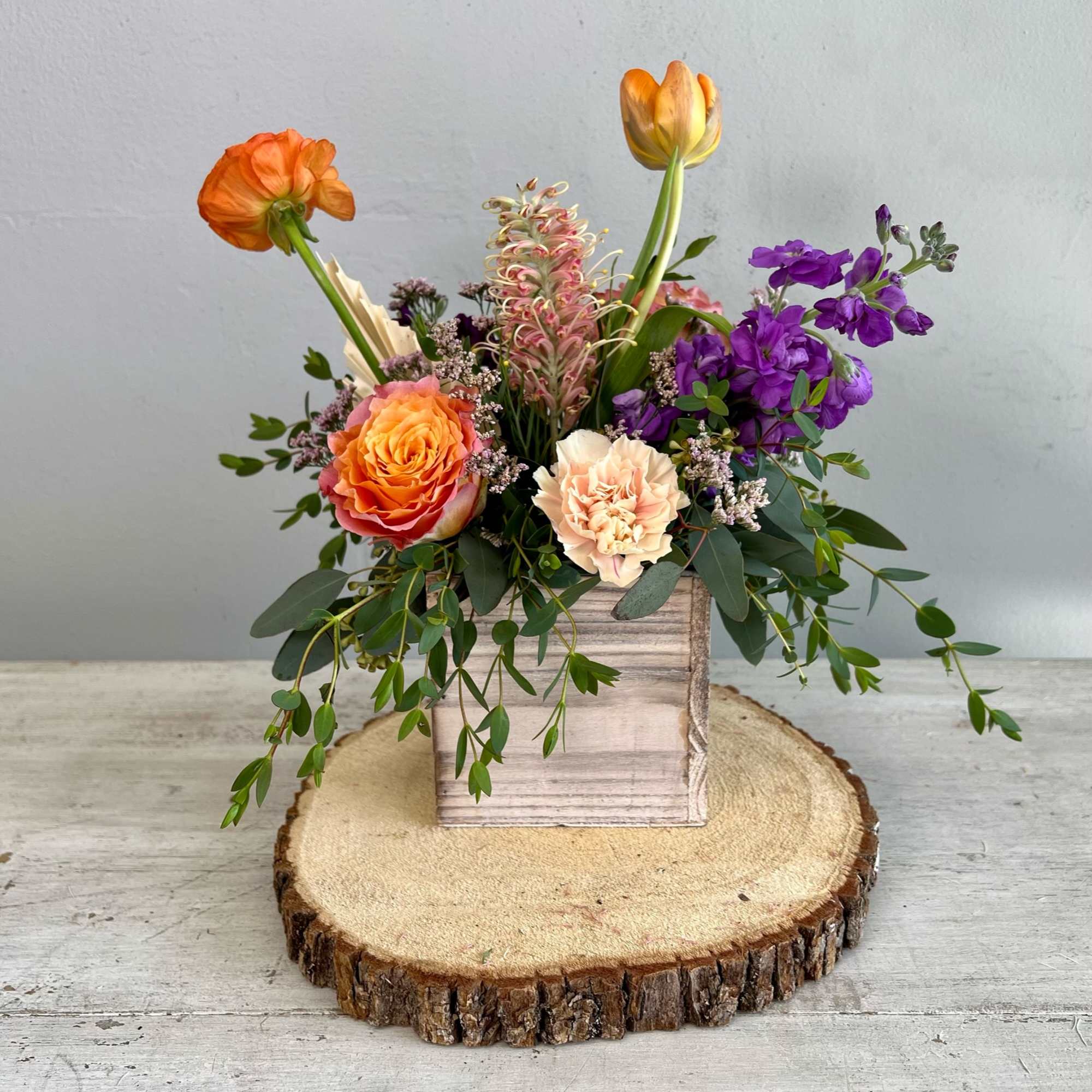 Mix of Orange and Purple Pretties in farmhouse vase, photo 2 of 2