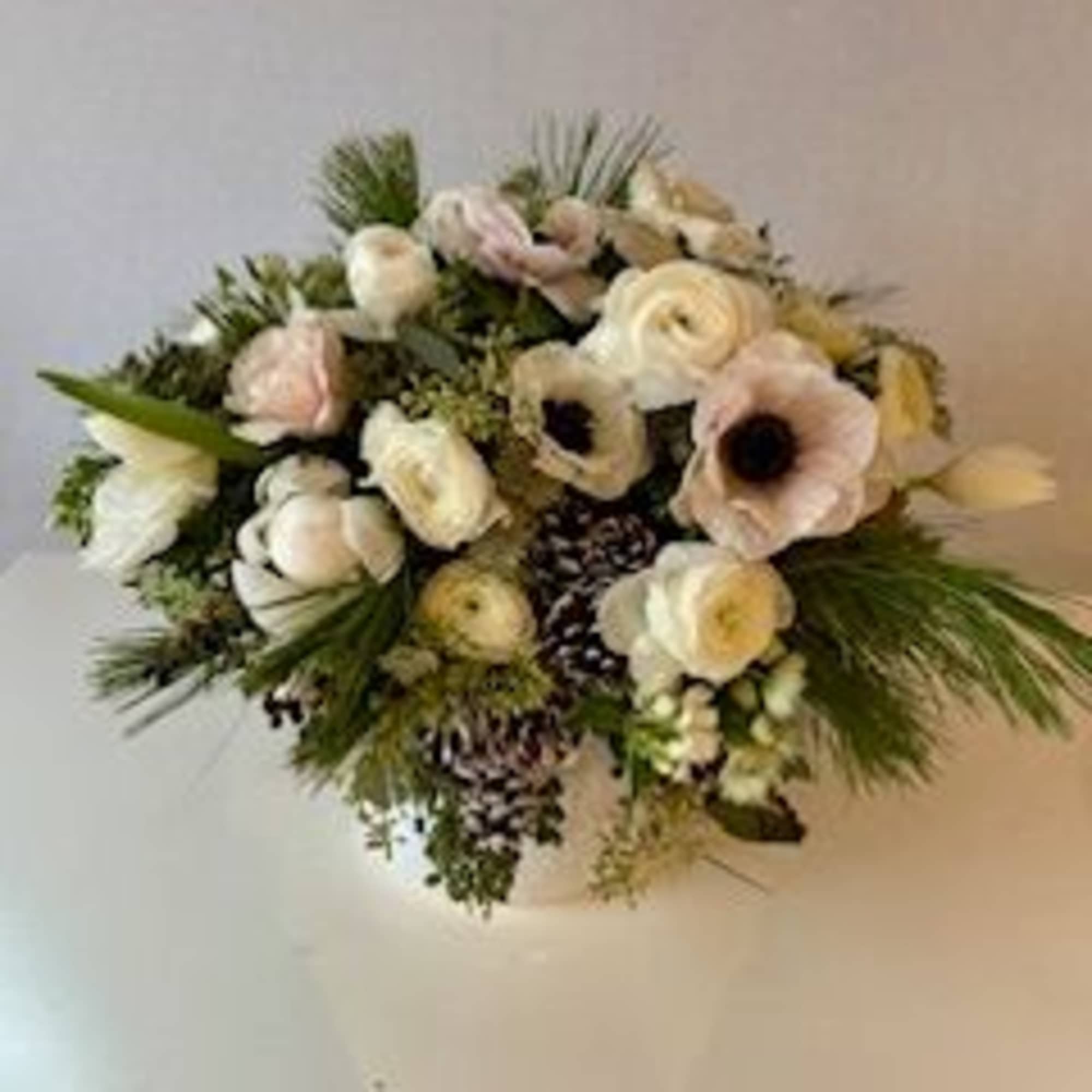 White and blush bouquet with anemones and ranunculus