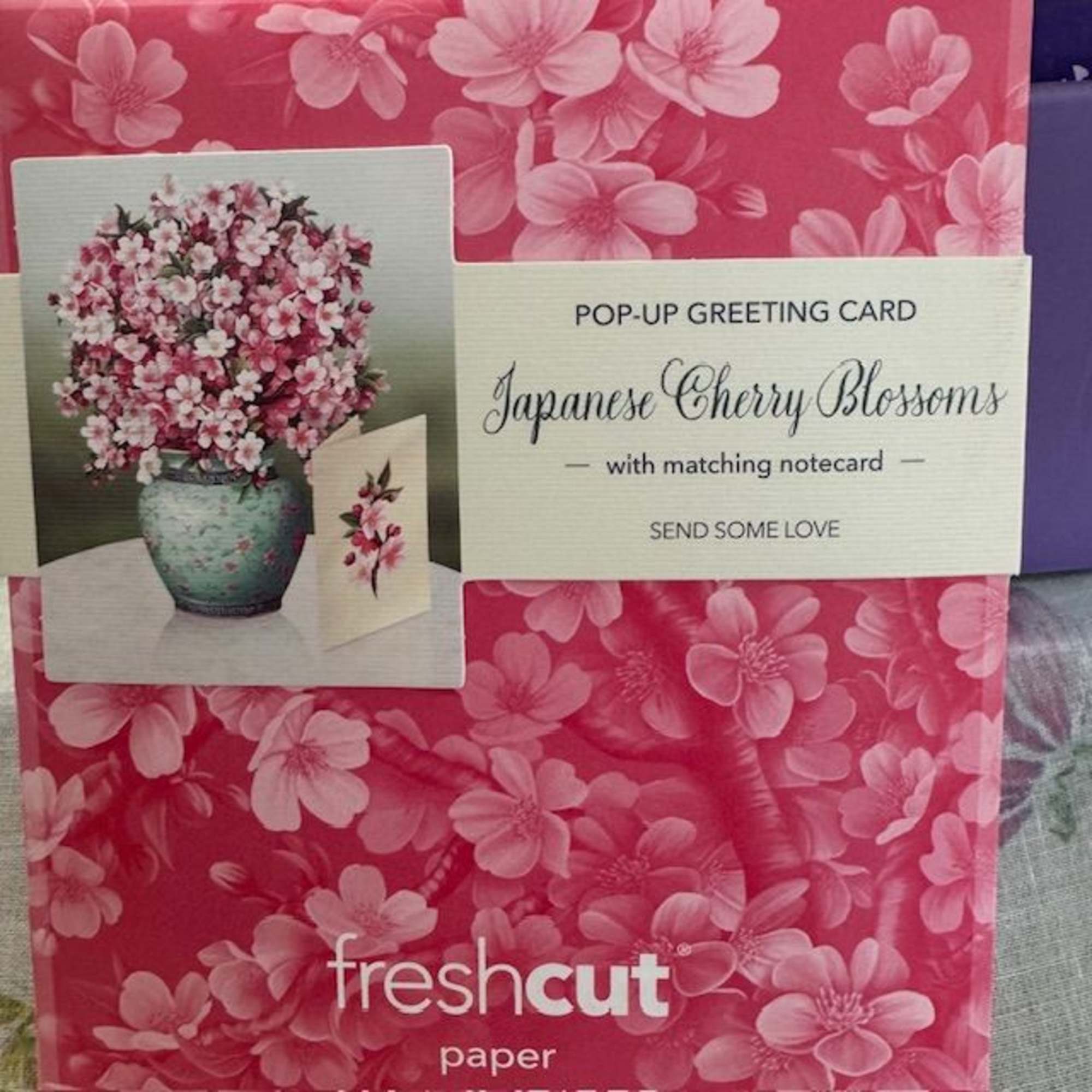 Pop-up greeting card with pink cherry blossoms and a matching note card