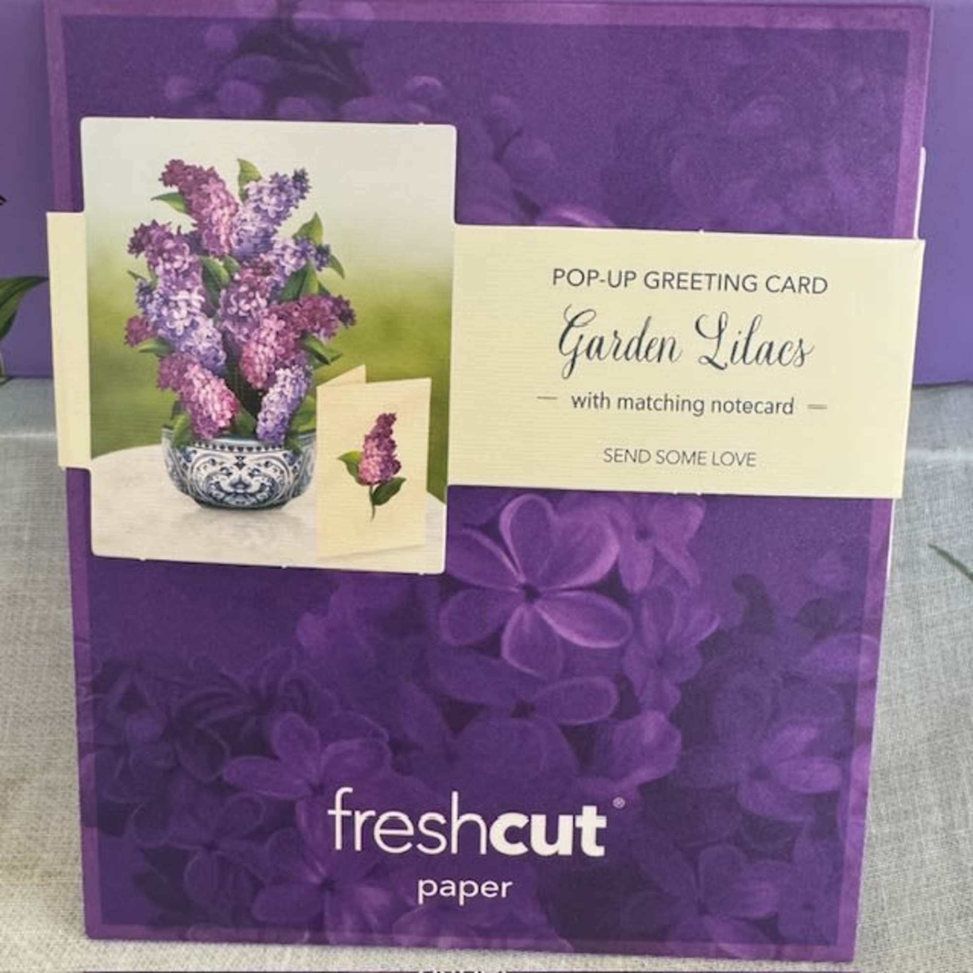Pop-up greeting card with purple lilacs and matching notecard