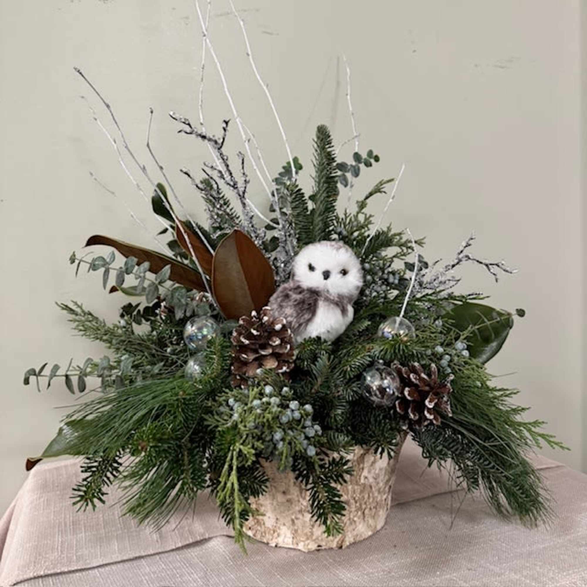 Holiday arrangement with evergreen branches, pinecones, and a small owl figurine in a birch container